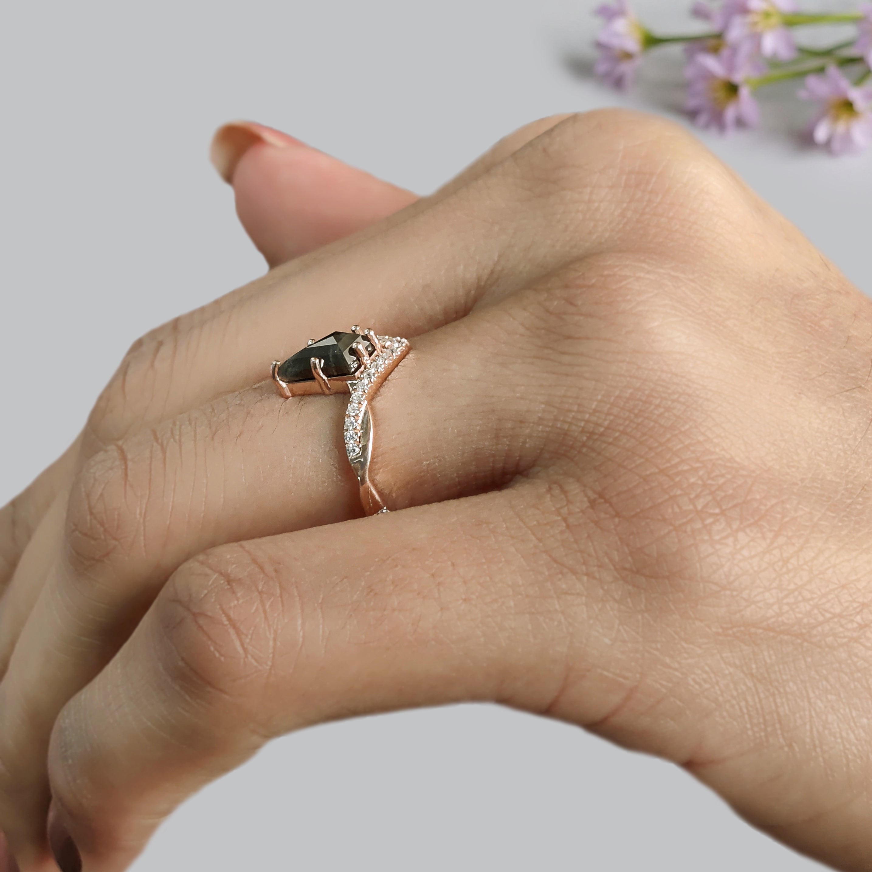 Kite Cut Salt And Pepper Diamond Ring 0.86 Ct 8.64 MM Kite Diamond Ring 14K Solid Rose Gold Silver Engagement Ring Gift For Her KDL3433