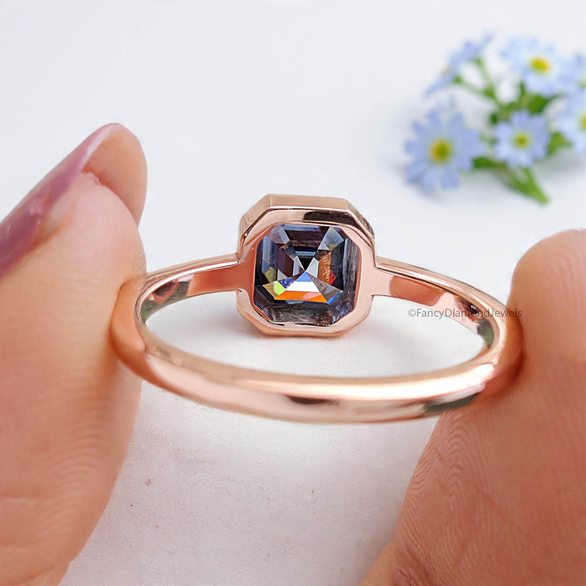 1.20 CT Radiant Moissanite Royal Blue Moissanite Ring Solitaire Engagement Ring Bezel Set Ring Rose Gold Ring Comfort Fit Ring For Her FD222