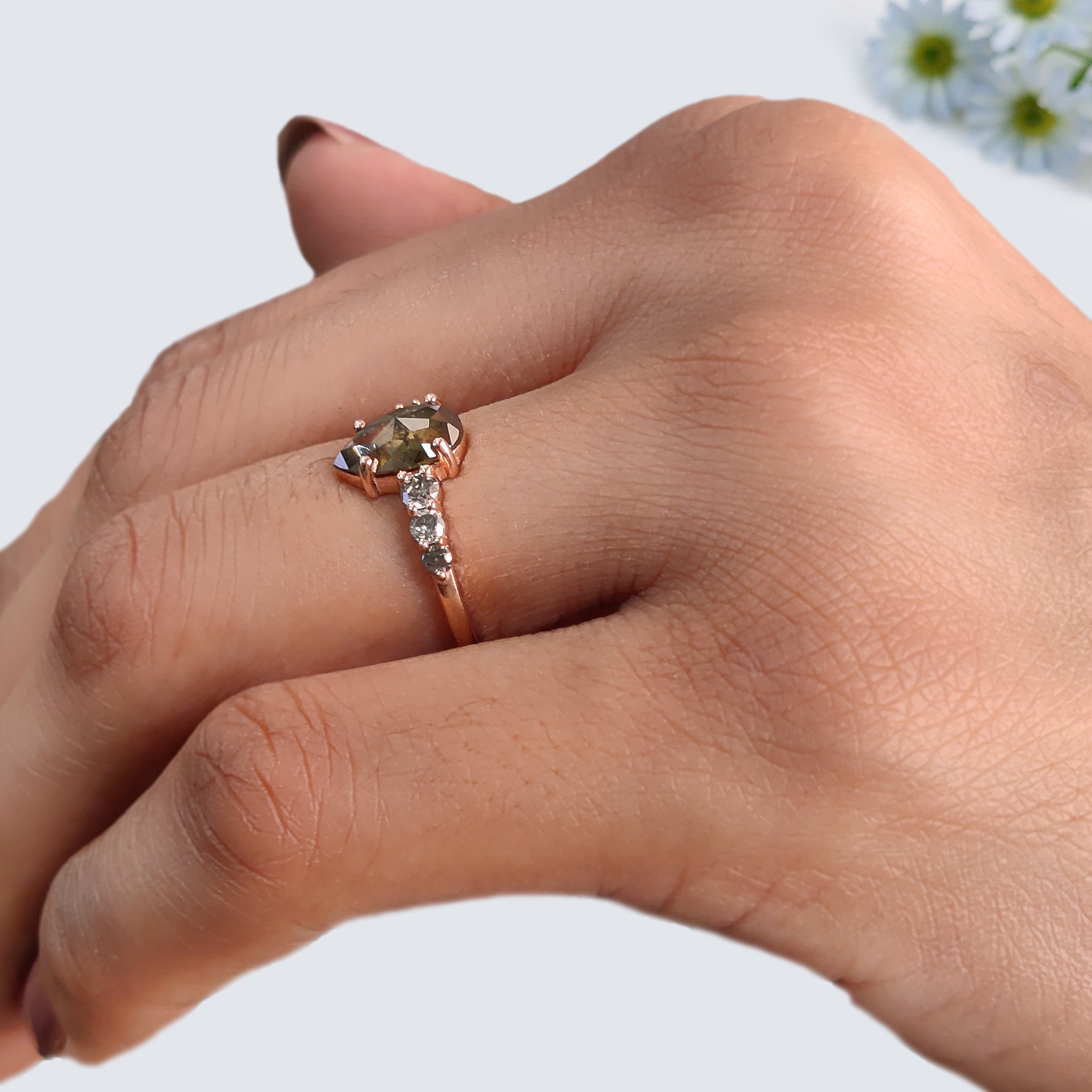 Pear Shape Green Diamond Ring, Rustic Diamond Engagement Ring, 14K Rose Gold Minimalist Ring, Unique Bridal Jewelry, Gift for Her KDK2608