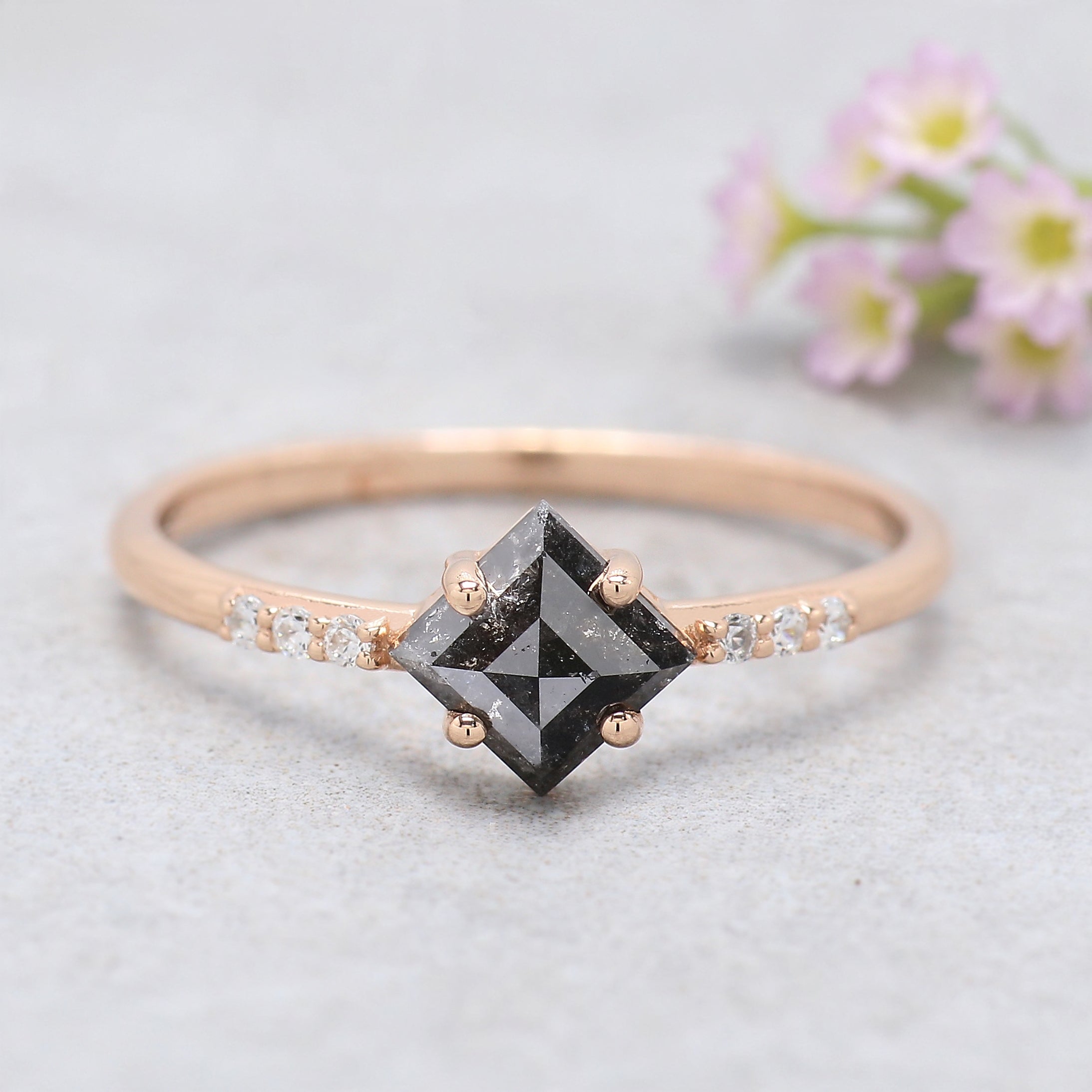 Kite Shape Black Color Diamond Ring 0.65 Ct 6.75 MM Kite Diamond Ring 14K Solid Rose Gold Silver Kite Engagement Ring Gift For Her KDN808