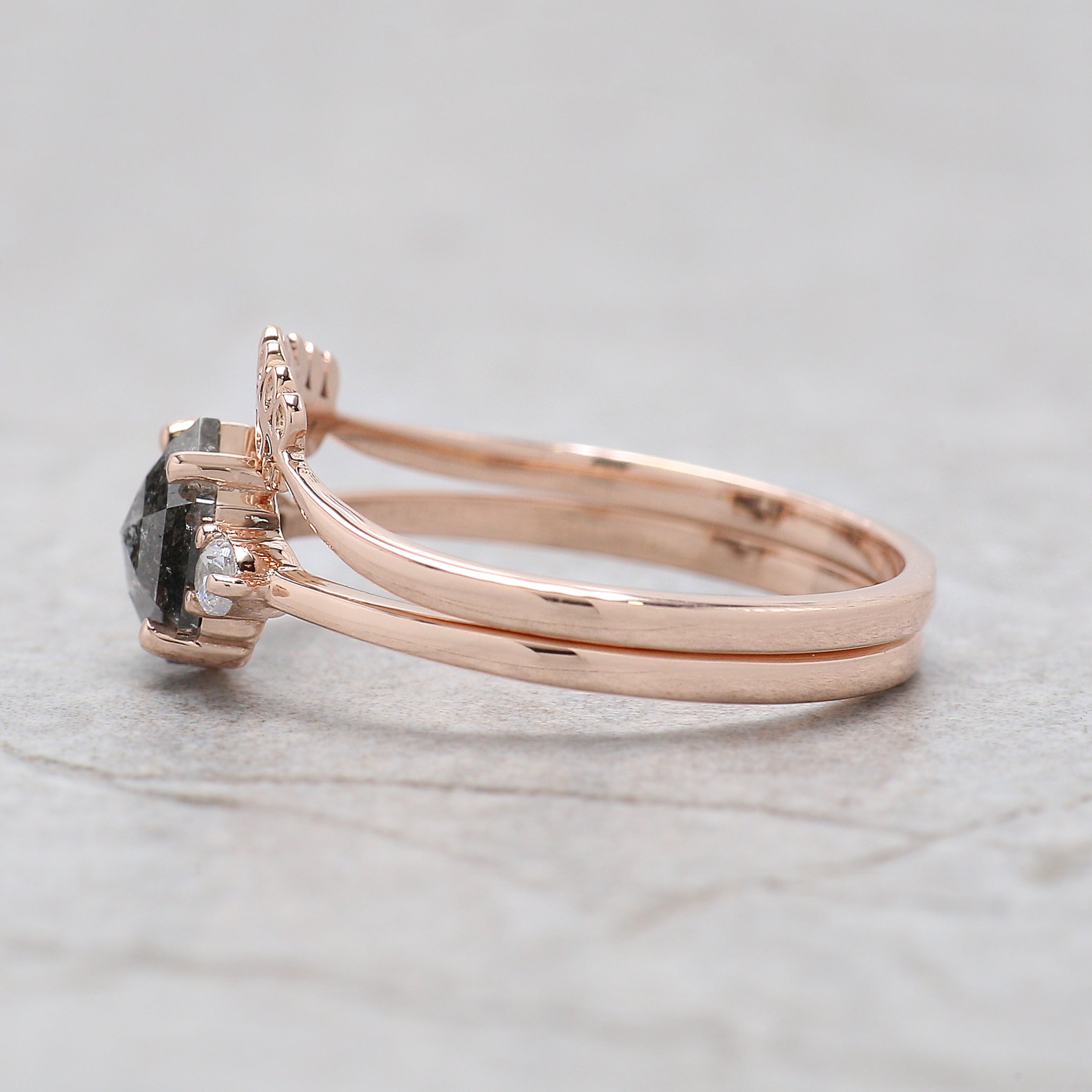 Hexagon Cut Salt And Pepper Diamond Ring 0.84 Ct 6.73 MM Hexagon Cut Diamond Ring 14K Rose Gold Silver Engagement Ring Gift For Her KDL2967