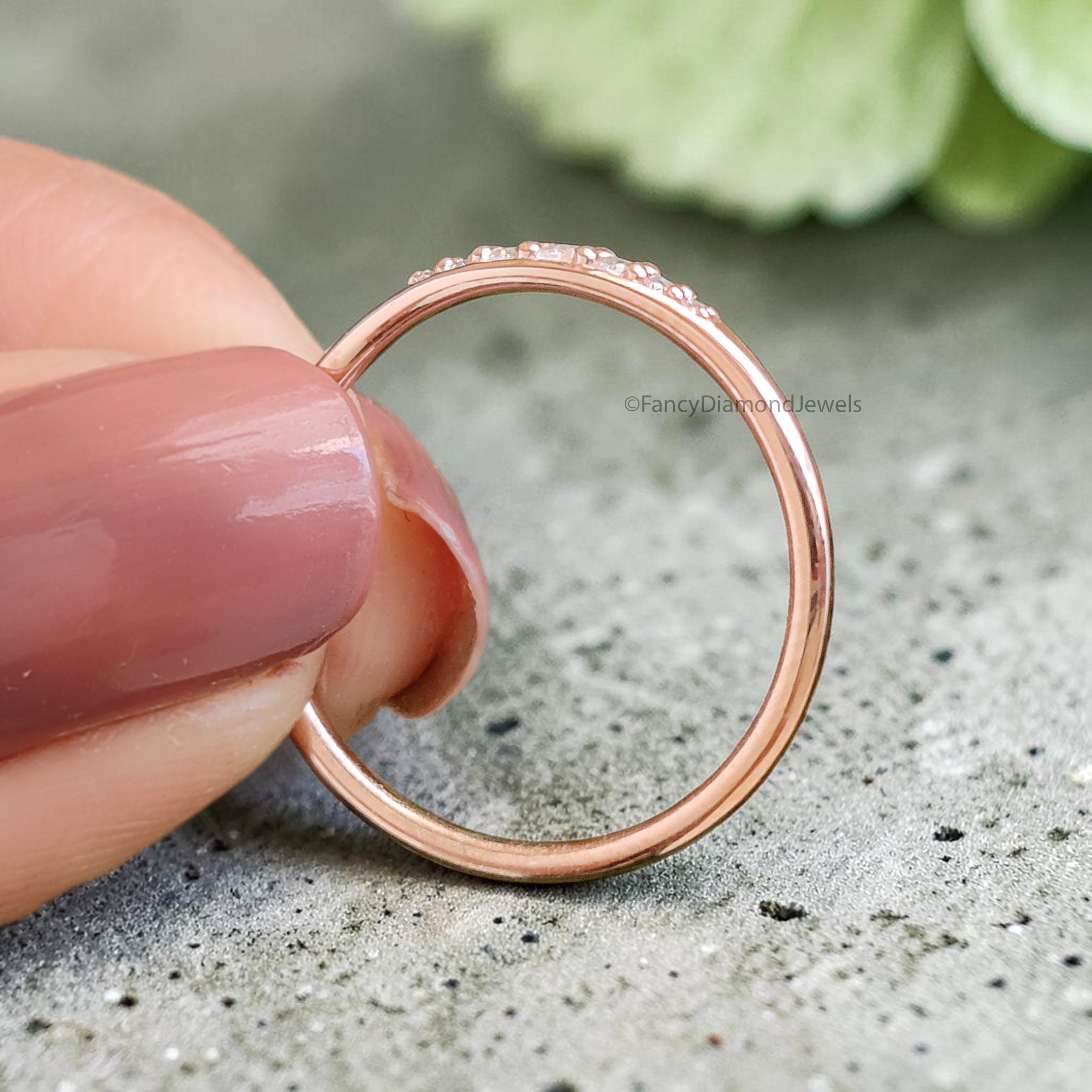 Round Cut Diamond Wedding Band Rose Gold Unique Half Eternity Wedding Band Vintage Minimal Stacking Matching Bridal Gift For Her FD548