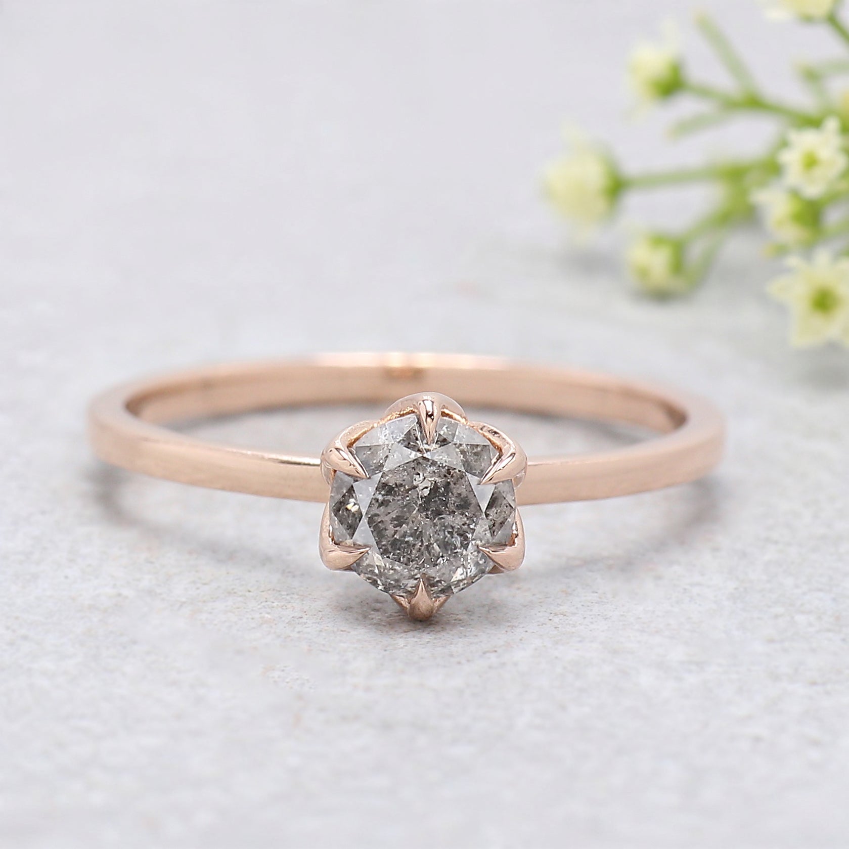 0.65 Ct Natural Round Shape Salt And Pepper Diamond Ring 5.37 MM Round Cut Diamond Ring 14K Solid Rose Gold Silver Engagement Ring KDL3486