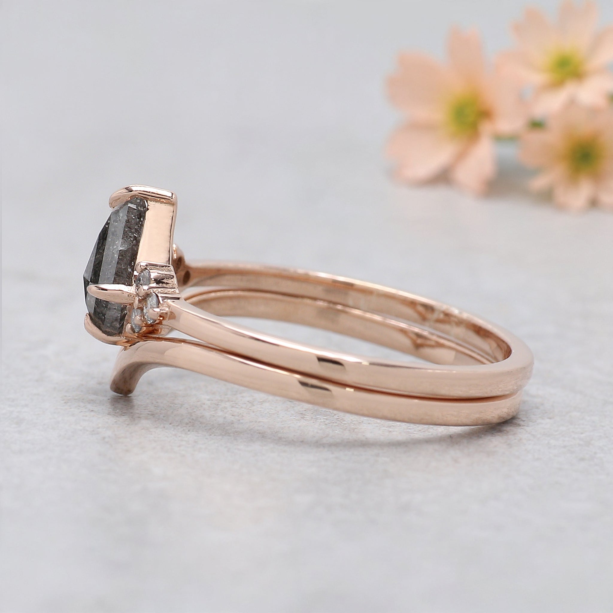 Kite Cut Salt And Pepper Diamond Ring 0.60 Ct 7.20 MM Kite Diamond Ring 14K Solid Rose Gold Silver Engagement Ring Set Gift For Her KDN2095