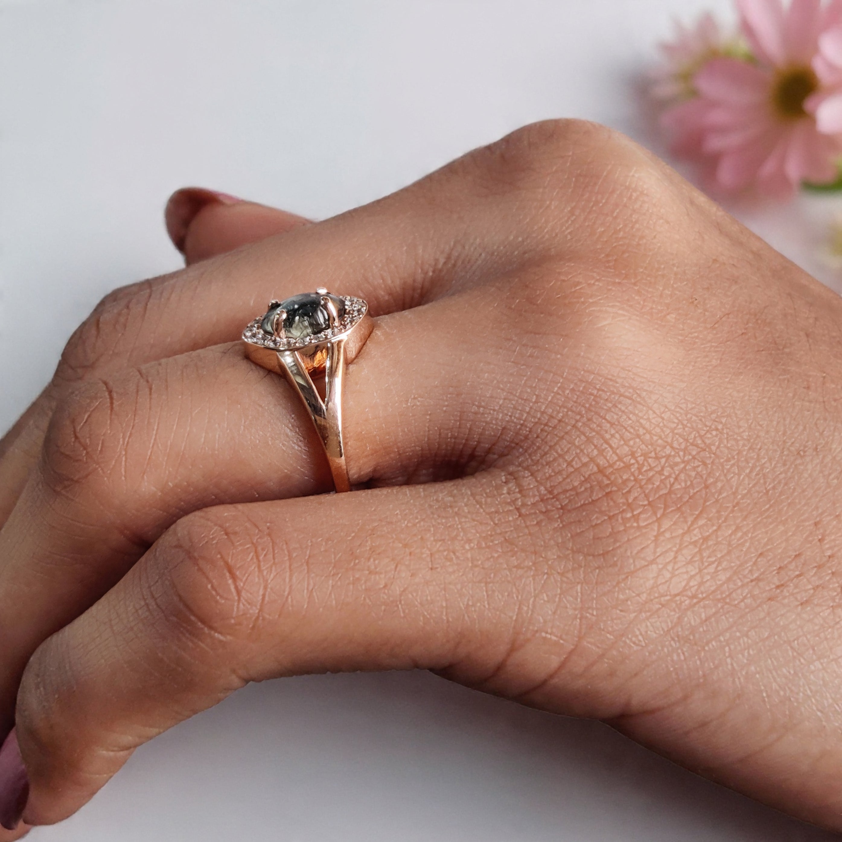 Rough Blue Color Diamond Ring 1.40 Ct 8.04 MM Crystal Rough Diamond Ring 14K Solid Rose Gold Silver Engagement Ring Gift For Her QL2295