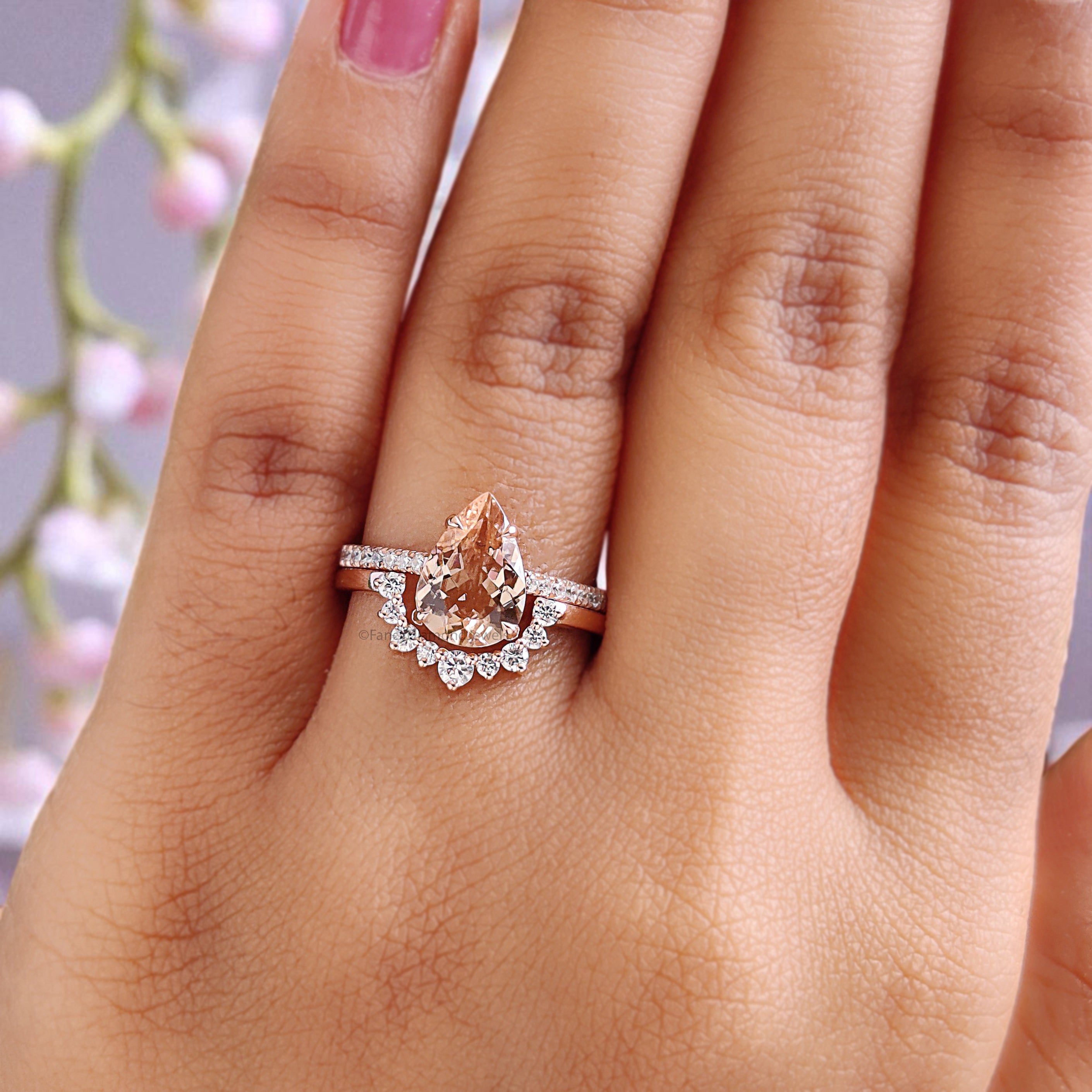 1.45 CT Pear Cut Natural Morganite Engagement Ring Set Rose Gold Ring Morganite Curved Wedding Ring Unique Vintage Ring Gift For Her FD447