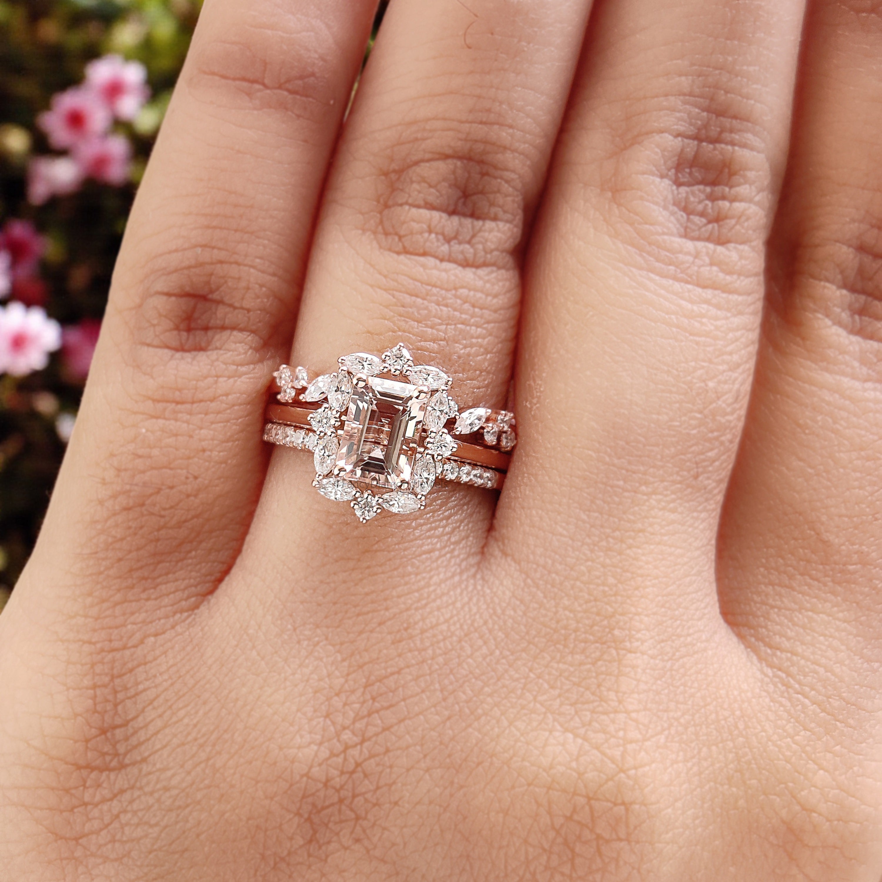 0.95 CT Emerald Shape Morganite Engagement Ring Set Unique art deco Marquise halo Starburst Ring Round wedding ring Gift For Her FD440