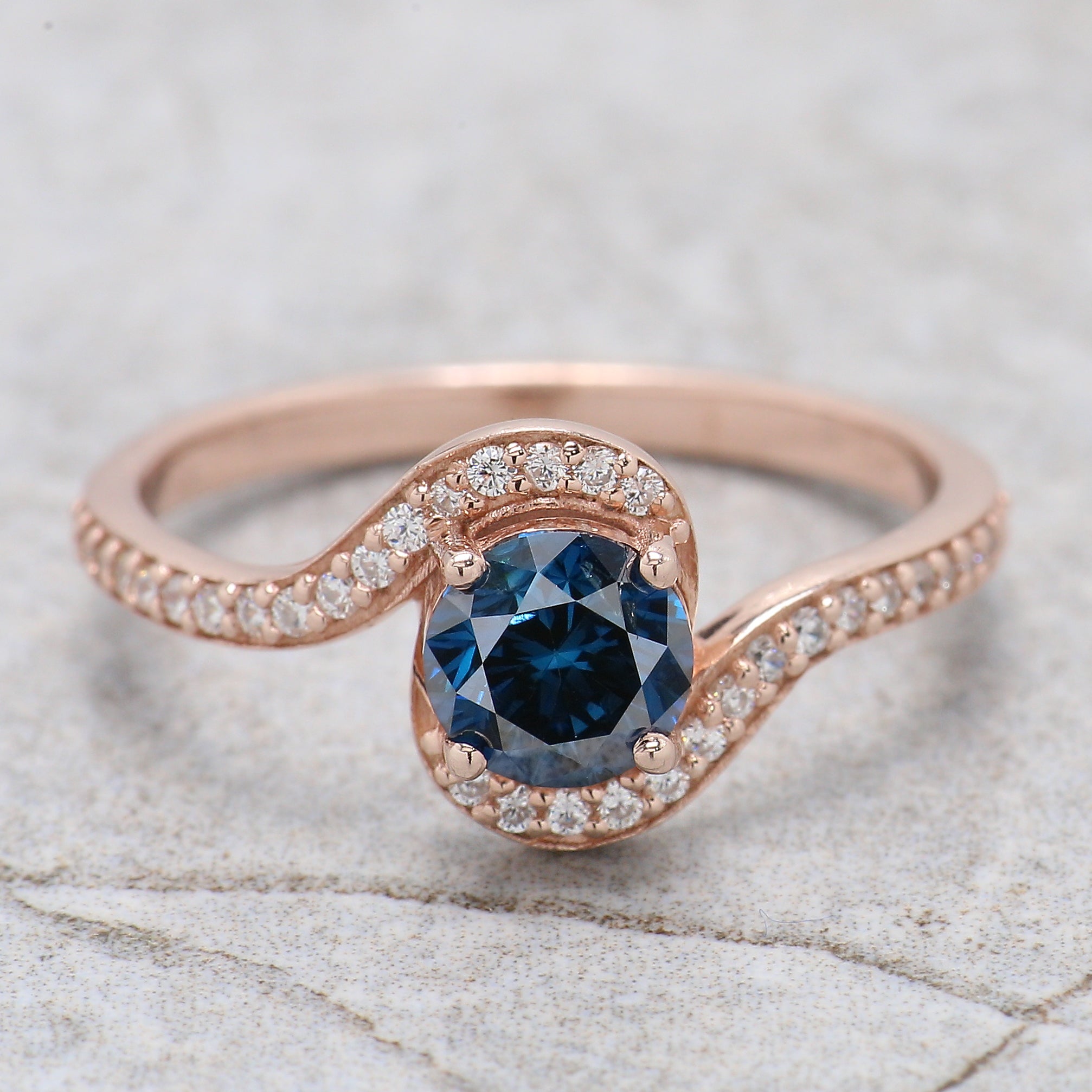 Round Cut Blue Color Diamond Ring 0.70 Ct 5.38 MM Round Shape Diamond Ring 14K Rose Gold Silver Round Engagement Ring Gift For Her QL2043