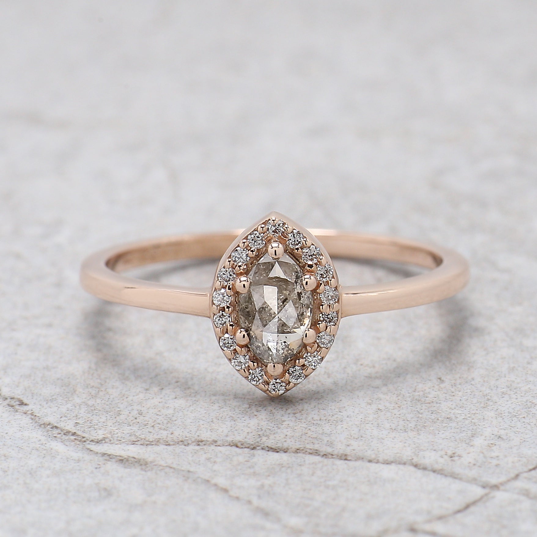 0.43 Ct Natural Marquise Salt And Pepper Diamond Ring 6.30 MM Marquise Cut Ring 14K Solid Rose Gold Silver Halo Engagement Ring KD1119