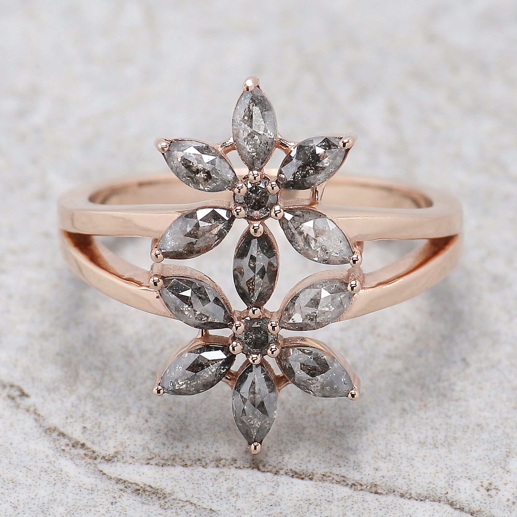 Marquise Cut Salt And Pepper Diamond Ring 0.99 Ct 4.30 MM Marquise Diamond Ring 14K Rose Gold Silver Engagement Ring Gift For Her QL1348