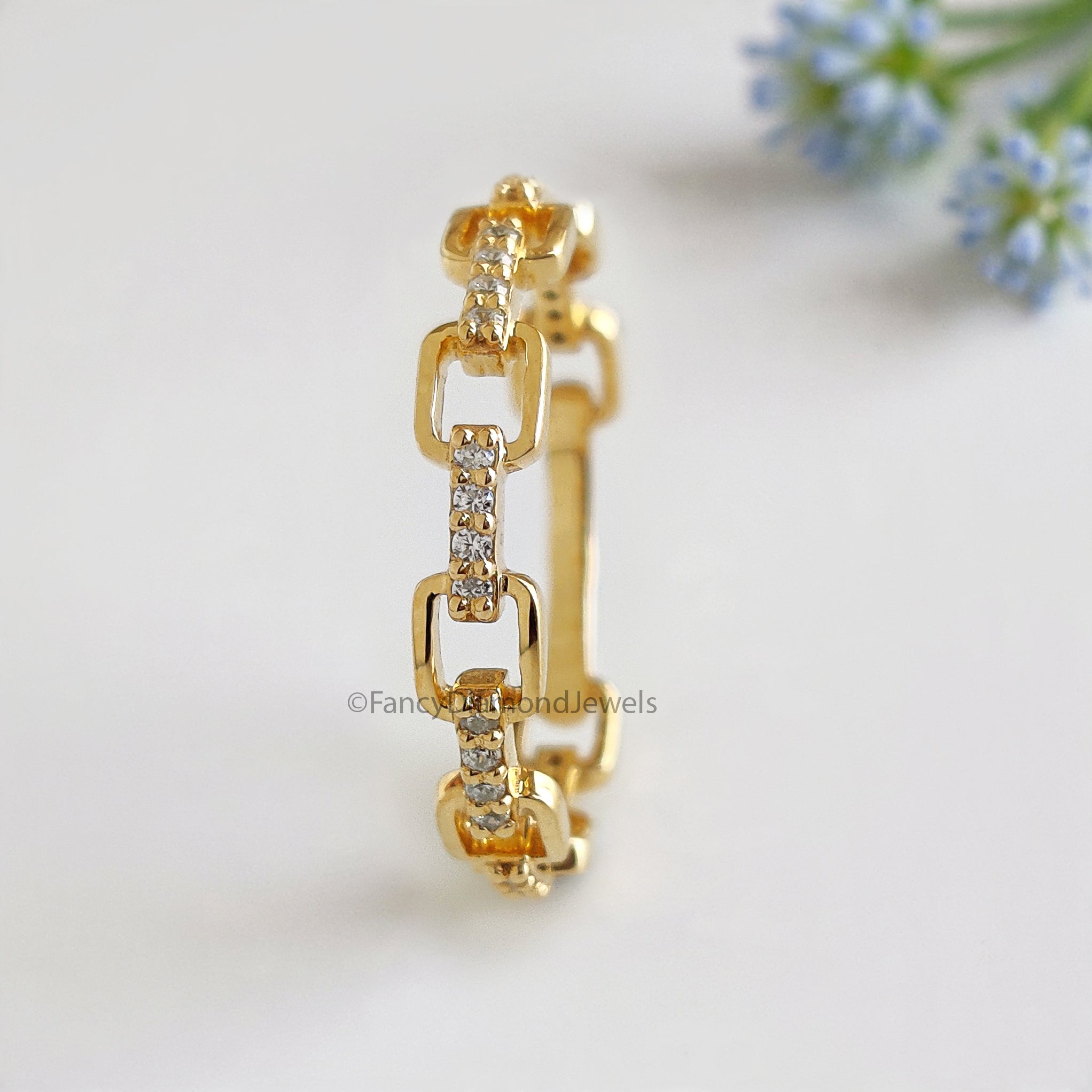 Round Cut Diamond Wedding Band Yellow Gold Unique Wedding Band Pave Diamond Chain Link Band Minimal Dainty Stacking Band Gift For Her FD539