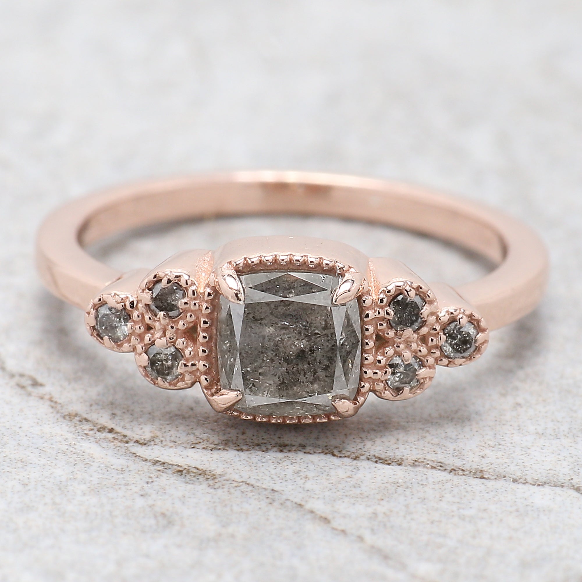 Cushion Cut Salt And Pepper Diamond Ring 0.95 Ct 5.60 MM Cushion Diamond Ring 14K Solid Rose Gold Silver Engagement Ring Gift For Her QN794