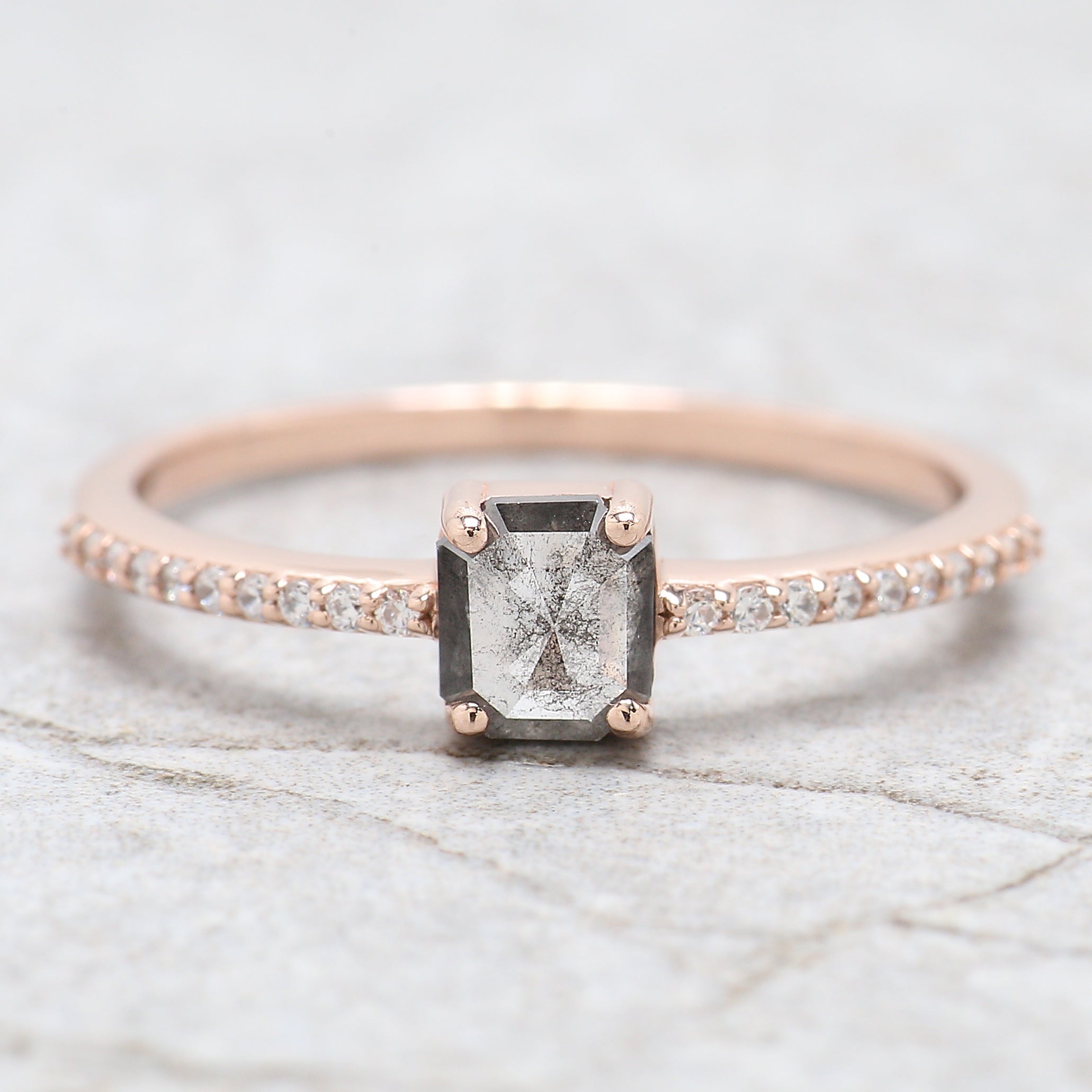 Emerald Cut Salt And Pepper Diamond Ring 0.50 Ct 5.10 MM Emerald Diamond Ring 14K Solid Rose Gold Silver Engagement Ring Gift For Her QL6484