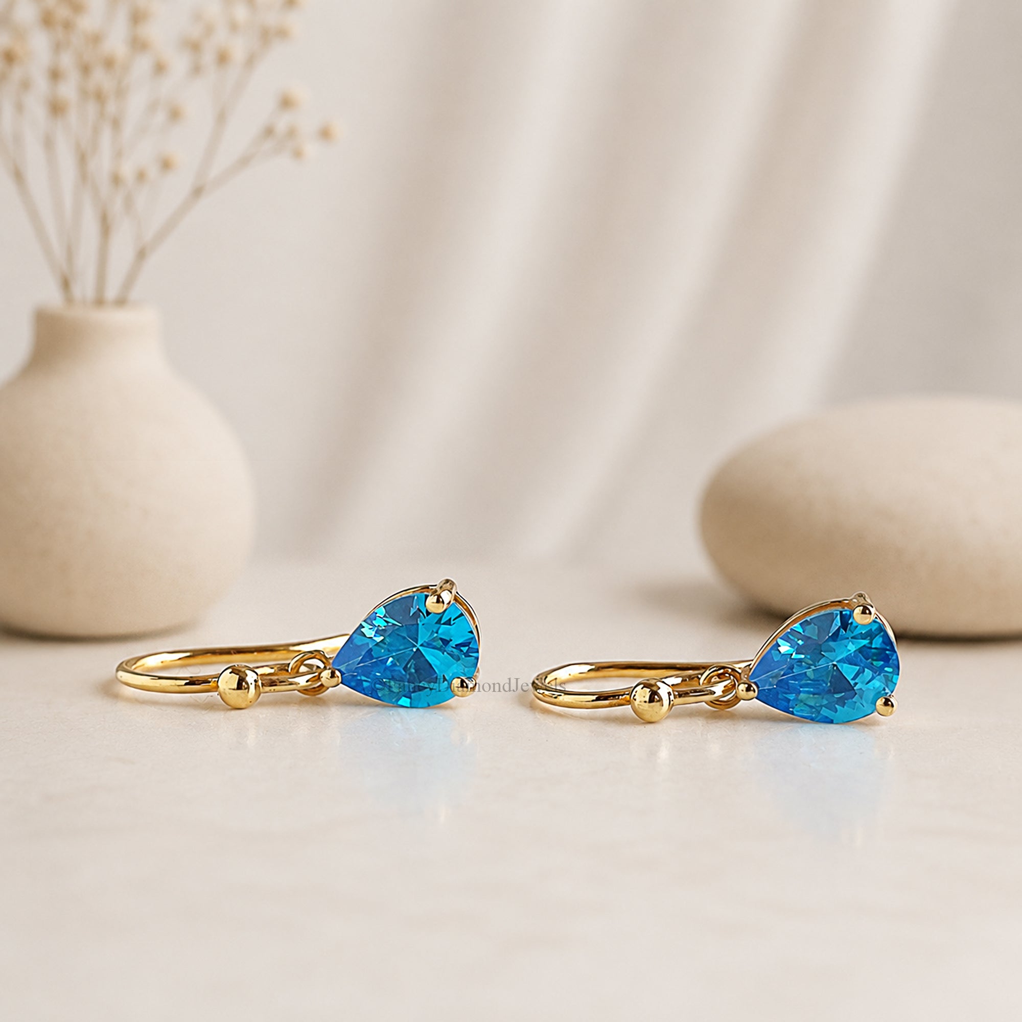 Pear Shape Topaz Blue CZ Droplet Drop Earrings in Sterling Silver, Wedding Earrings, Dainty Anniversary Gift For Her, Hook Earrings FD598