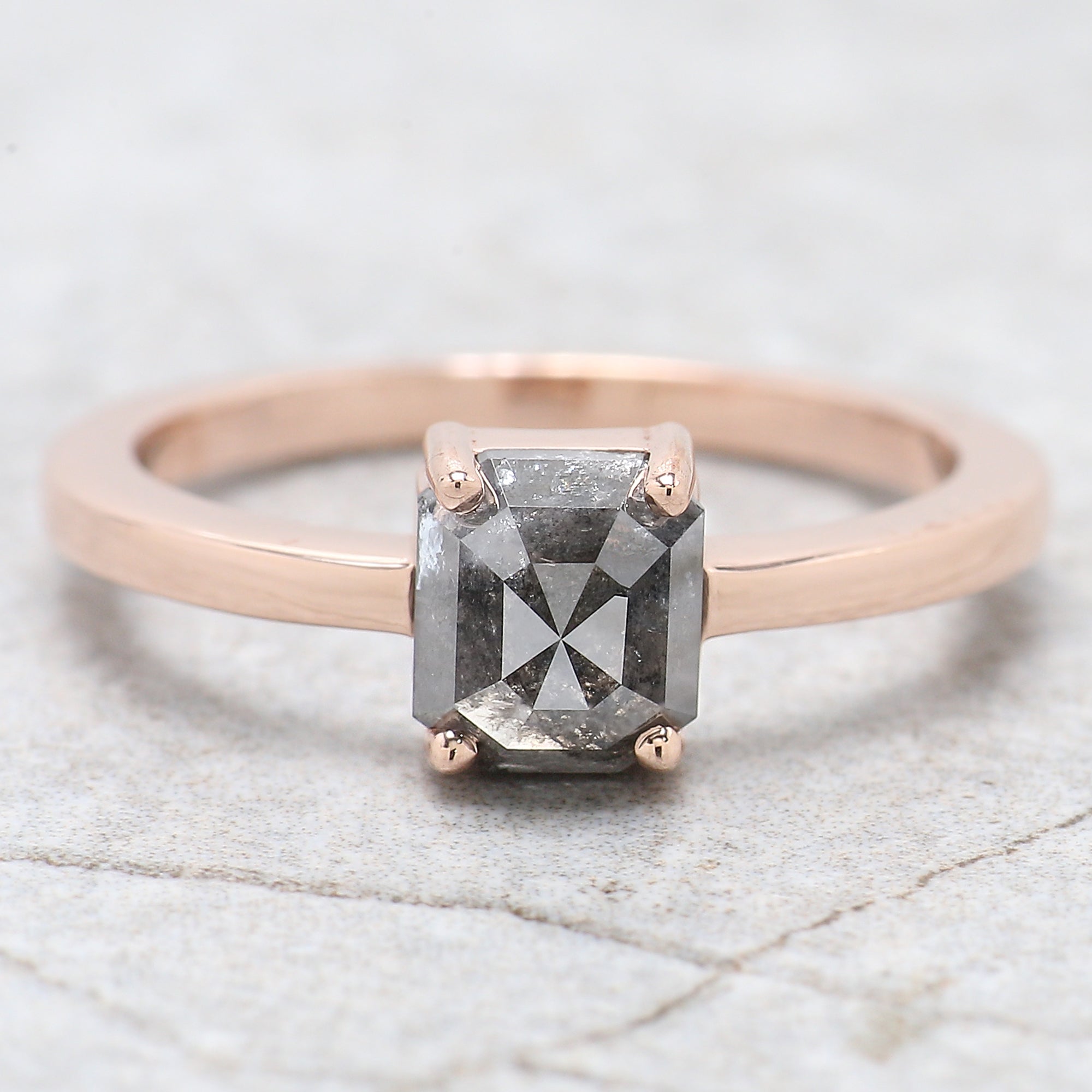 Emerald Cut Salt And Pepper Diamond Ring 1.24  Ct 5.50 MM Emerald Diamond Ring 14K Solid Rose Gold Silver Engagement Ring Gift For Her QN9365