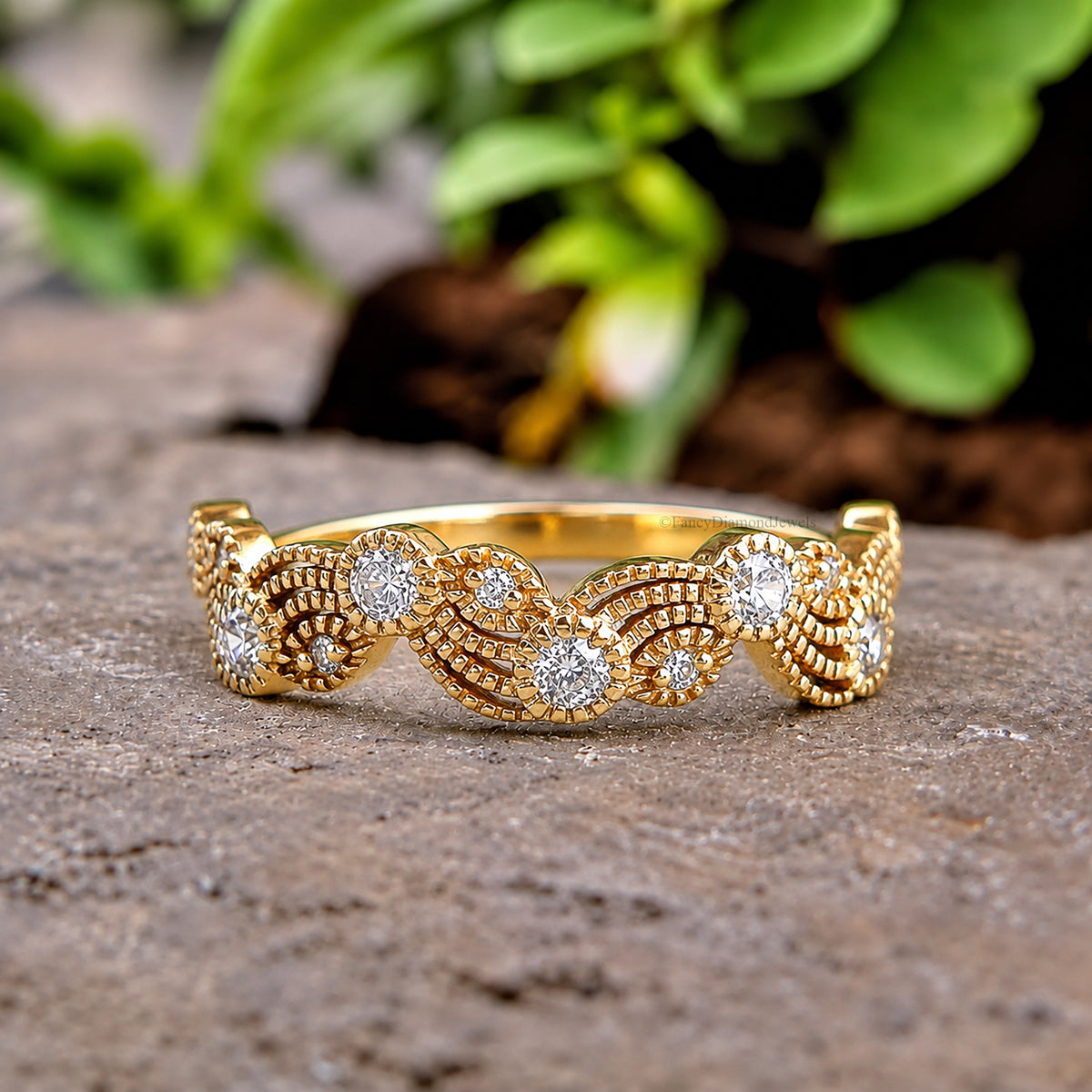 Leaf & Vine Art Deco Wedding Ring, Vintage Nature Ring, Half Eternity Ring, Round Ring, Unique Vintage Band, Wedding Band For Her FD604