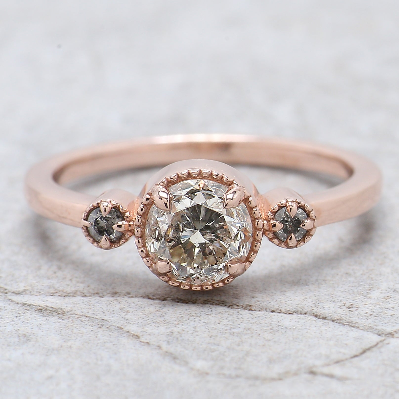 Round Cut Salt And Pepper Diamond Ring 0.90 Ct 5.79 MM Round Diamond Ring 14K Solid Rose Gold Silver Engagement Ring Gift For Her QL2655