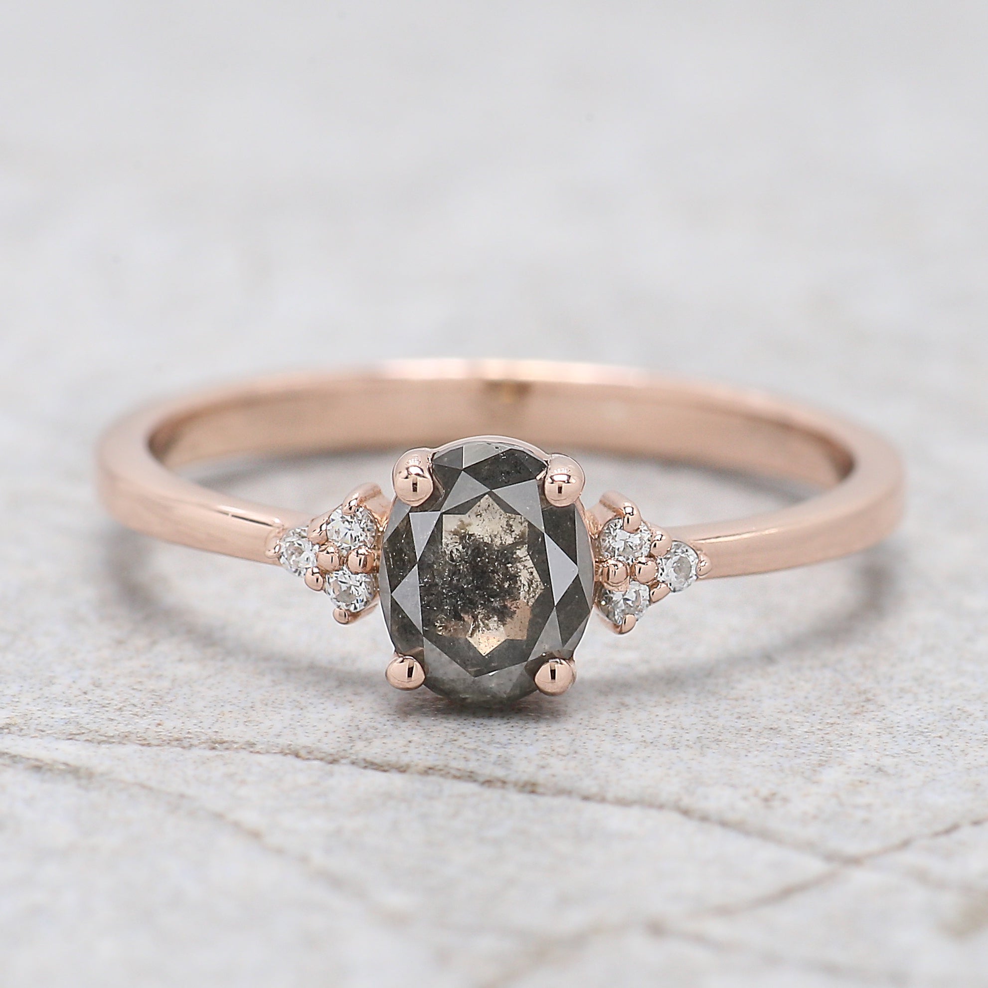 Oval Cut Salt And Pepper Diamond Ring 0.72 Ct 6.14 MM Oval Diamond Ring 14K Solid Rose Gold Silver Oval Engagement Ring Gift For Her KDL2951