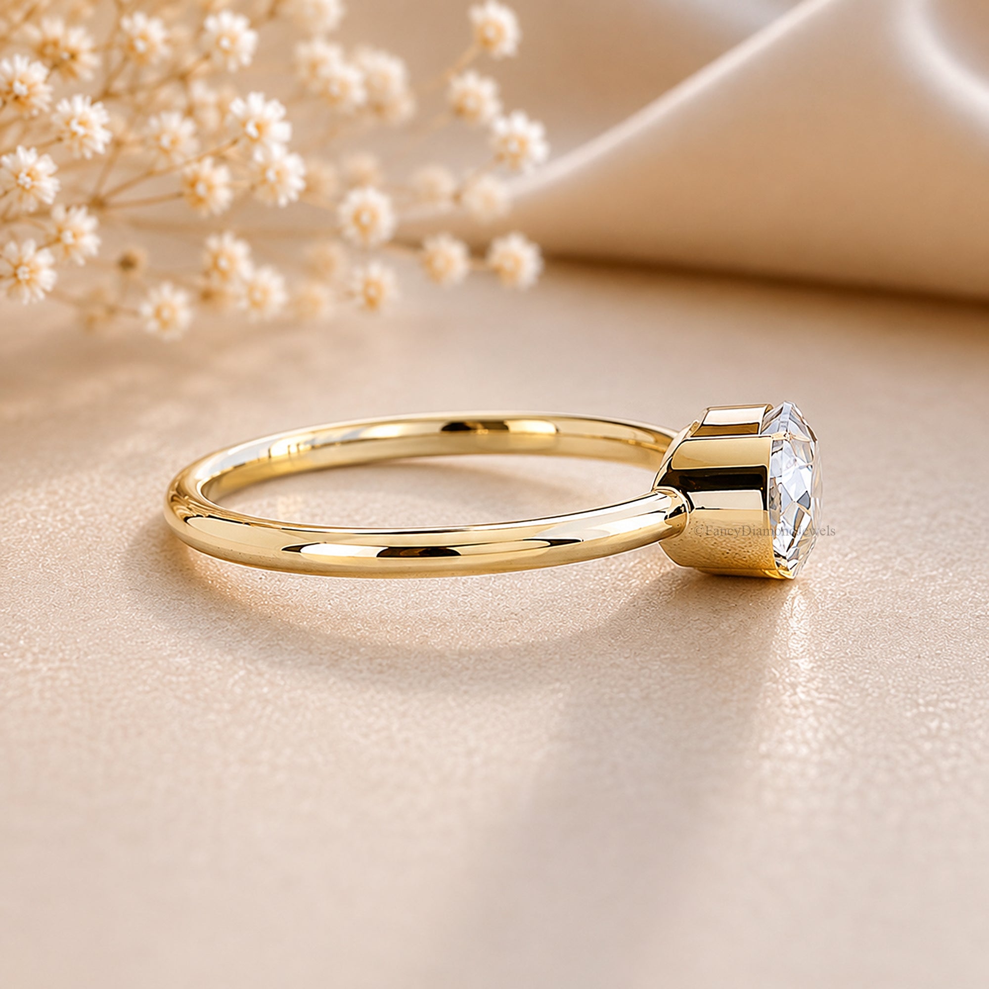 Oval Shape Lab Grown Diamond Half Bezel Ring Solid Gold, Thin Dainty Ring, Oval Diamond Pinky Ring, Minimal Wedding Band Gift For Her FD564