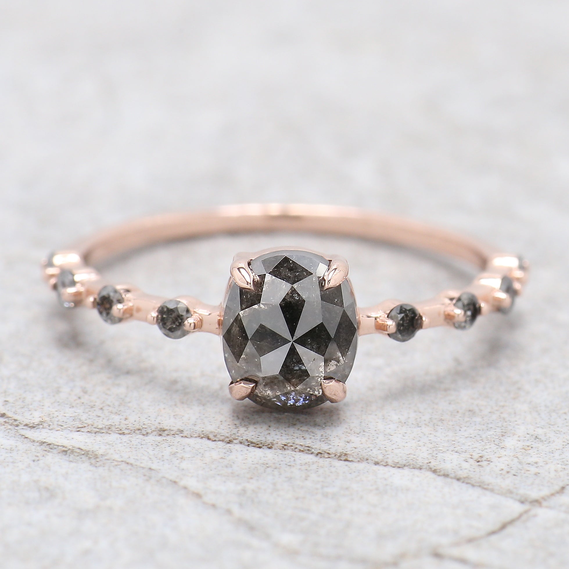Oval Cut Salt And Pepper Diamond Ring 1.12 Ct 6.58 MM Oval Diamond Ring 14K Solid Rose Gold Silver Oval Engagement Ring Gift For Her QN2360