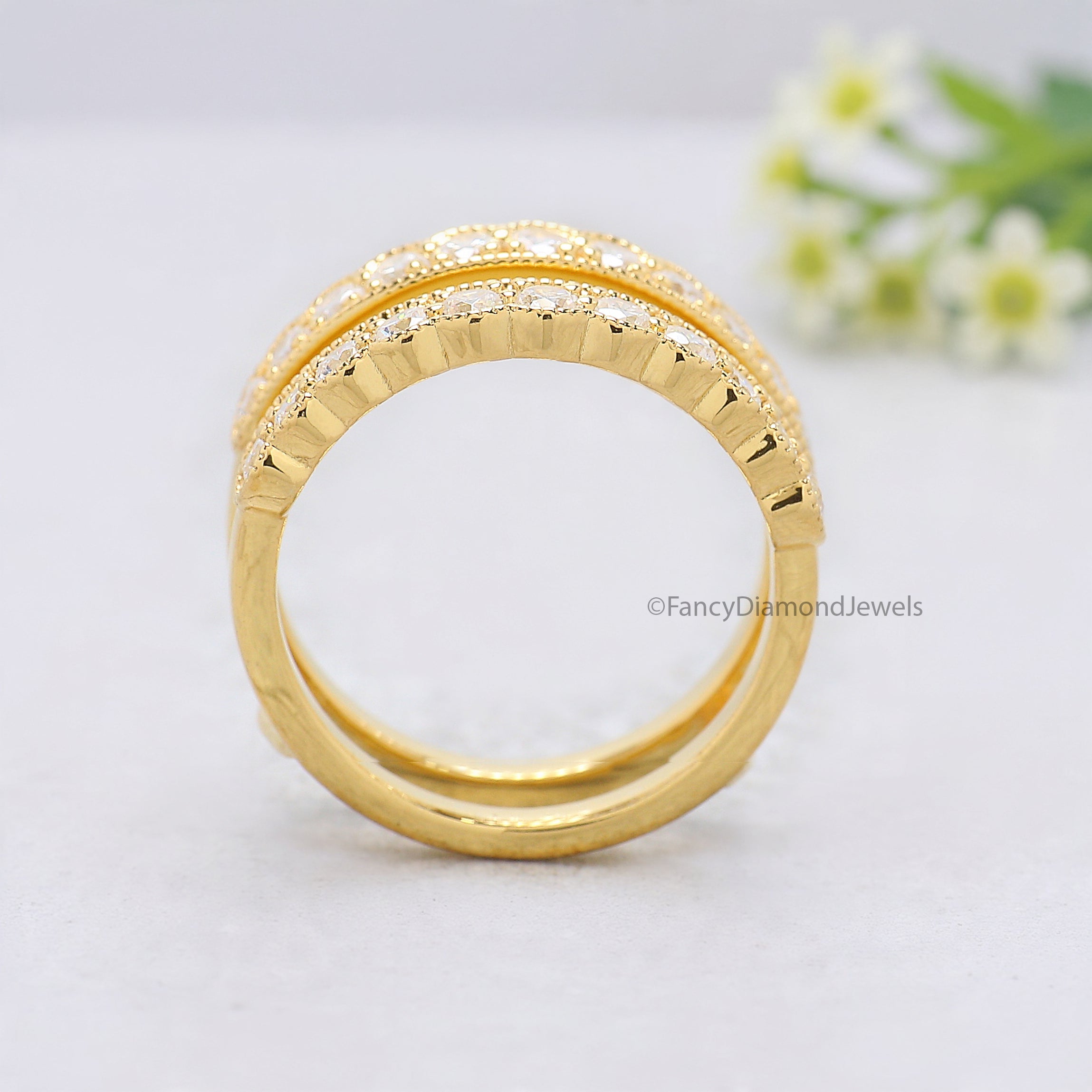 Round Cut Diamond Wedding Band Yellow Gold Unique Half Eternity Wedding Band Vintage Double Stacking Matching Bridal Gift For Her FD527