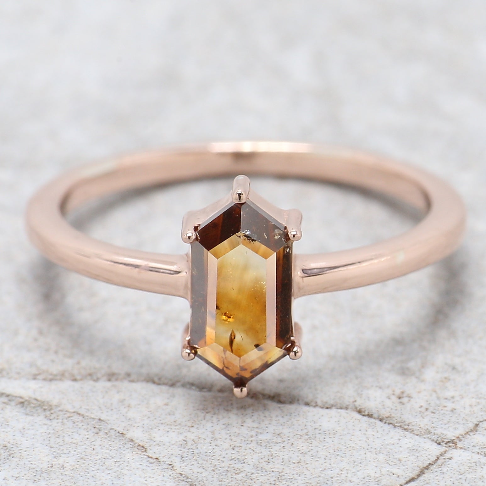 Hexagon Brown Color Diamond Ring 0.93 Ct 8.80 MM Hexagon Shape Diamond Ring 14K Solid Rose Gold Silver Engagement Ring Gift For Her QL1657