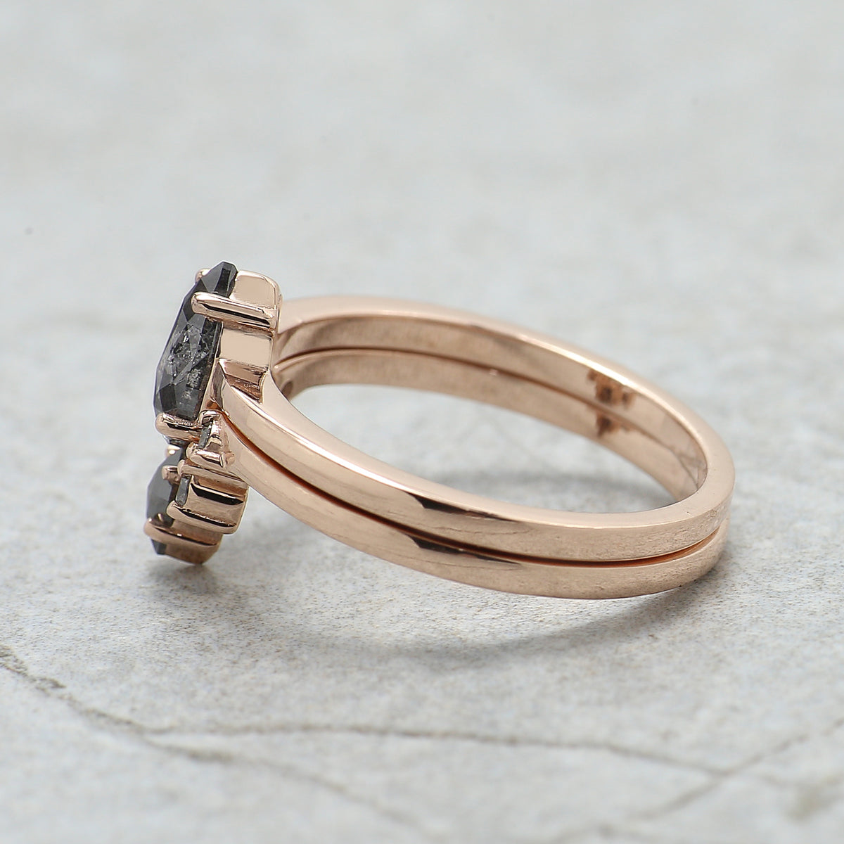 Pear Shape Salt and Pepper Diamond Ring, 14K Rose Gold Pear Cut Engagement Ring, Bridal Ring Set, Unique Diamond Ring Gift for Her KDN2625