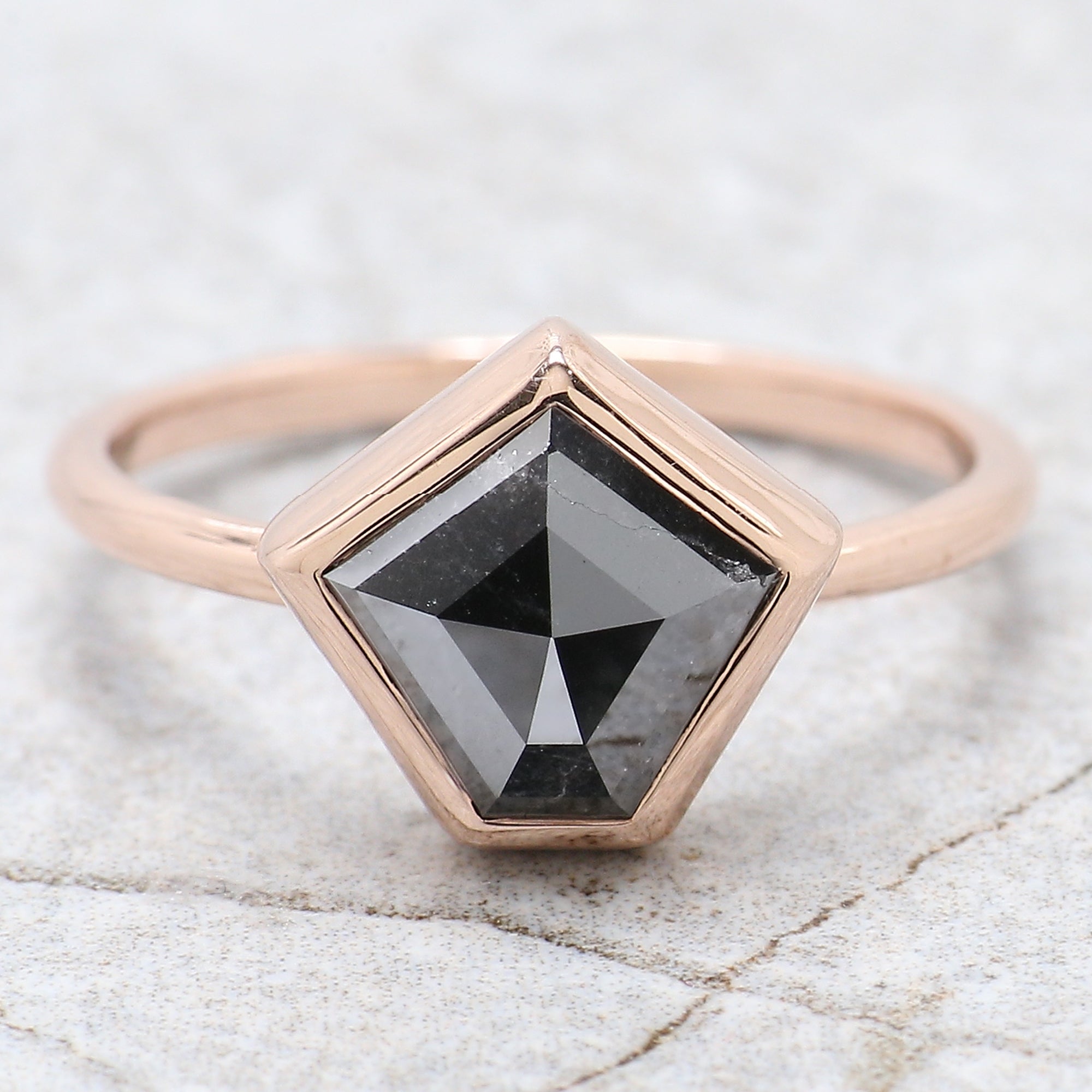 Pentagon Cut Black Color Diamond Ring 2.28 Ct 8.75 MM Pentagon Shape Diamond Ring 14K Rose Gold Silver Engagement Ring Gift For Her QL870