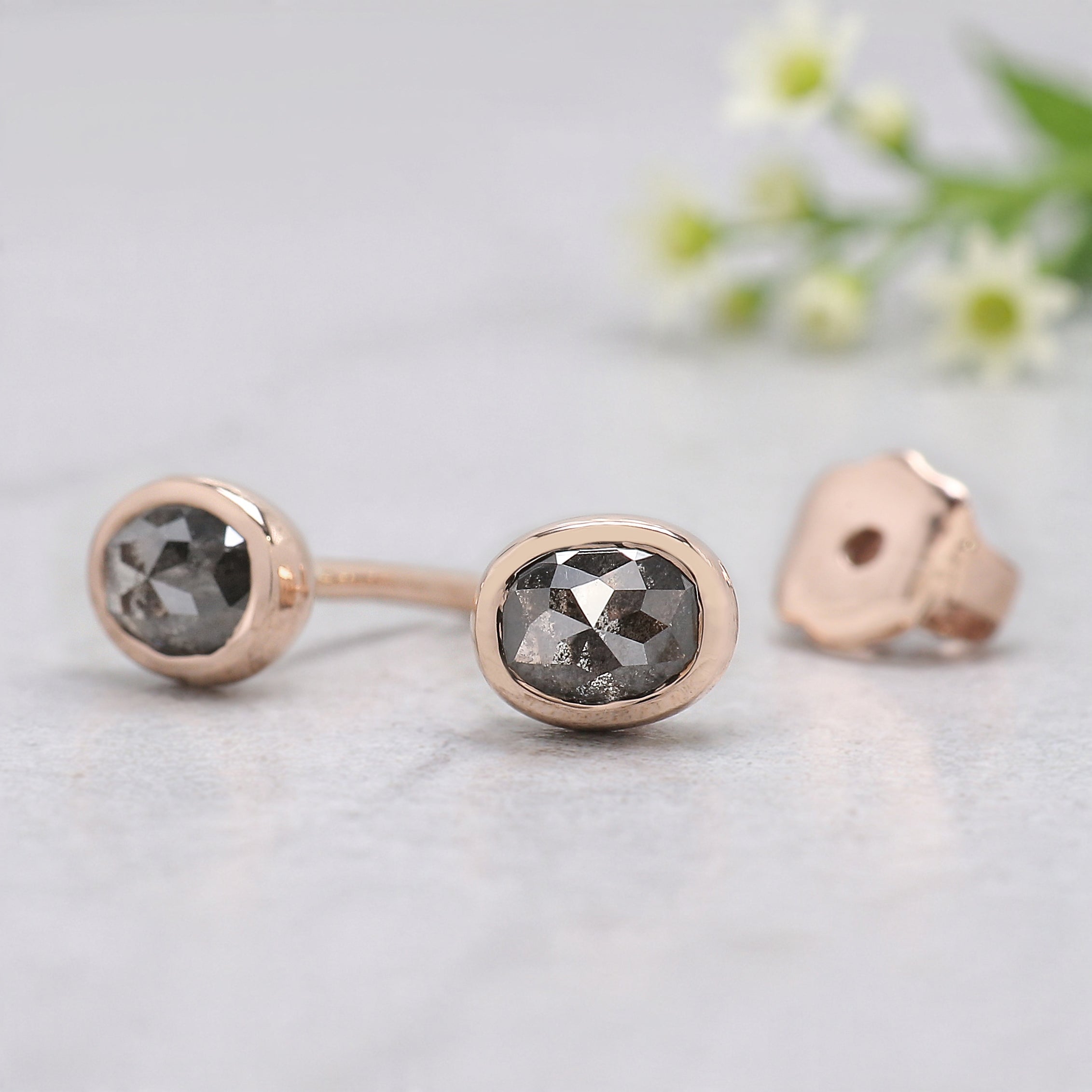 Oval Cut Salt And Pepper Diamond Earring 0.60 Ct 4.95 MM Oval Shape Diamond Earring 14K Solid Rose Gold Silver Earring Gift For Her KDL2558