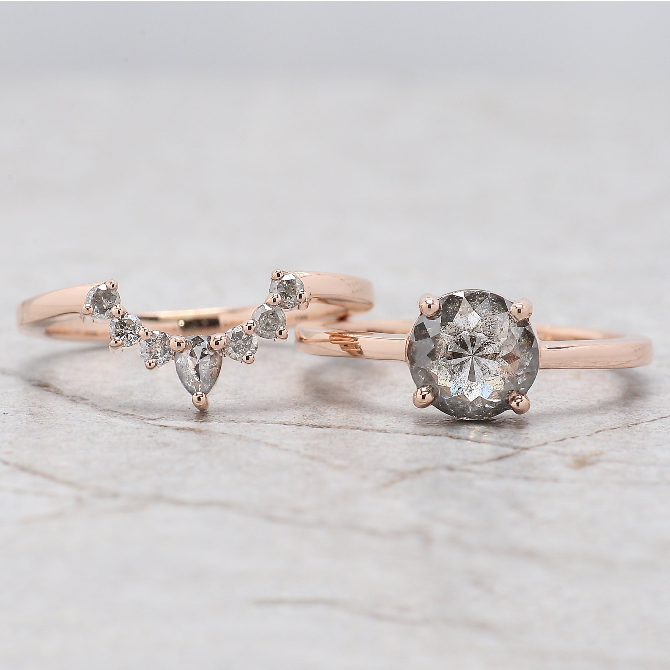 Round Rose Cut Salt And Pepper Diamond Ring 1.57 Ct 7.06 MM Round Diamond Ring 14K Rose Gold Silver Engagement Ring Gift For Her QL9234