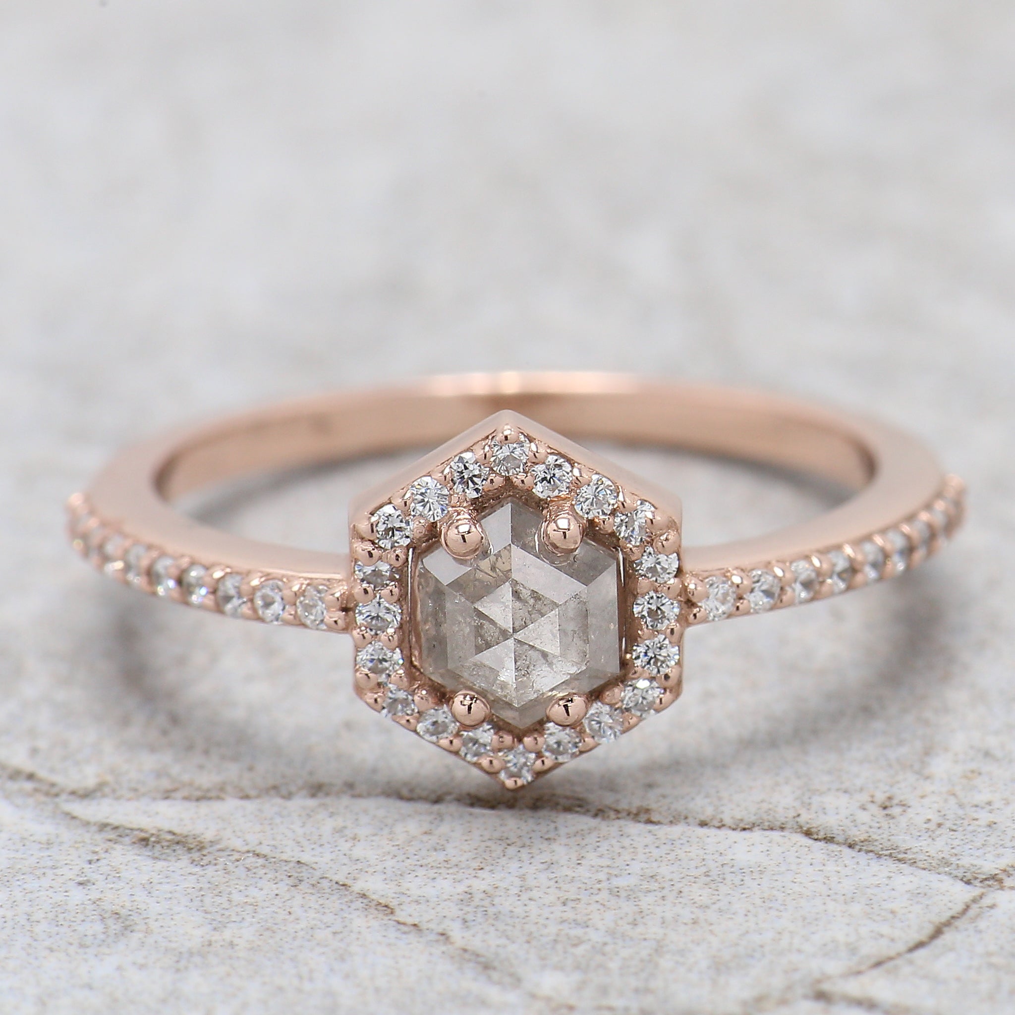 Hexagon Cut Salt And Pepper Diamond Ring 0.57 Ct 5.20 MM Hexagon Diamond Ring 14K Solid Rose Gold Silver Engagement Ring Gift For Her QL7965
