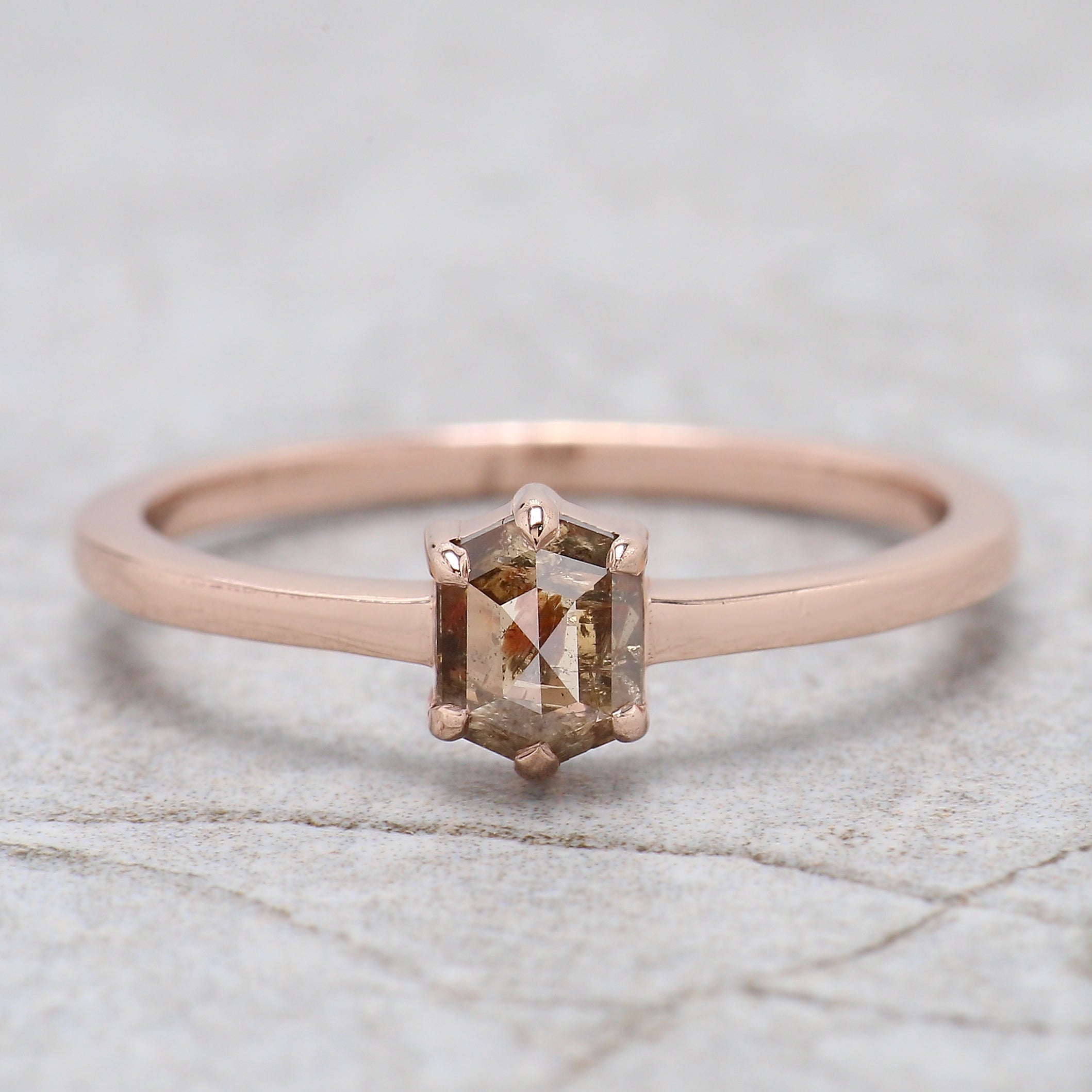Hexagon Brown Color Diamond Ring 0.50 Ct 5.41 MM Hexagon Shape Diamond Ring 14K Solid Rose Gold Silver Engagement Ring Gift For Her QK2596