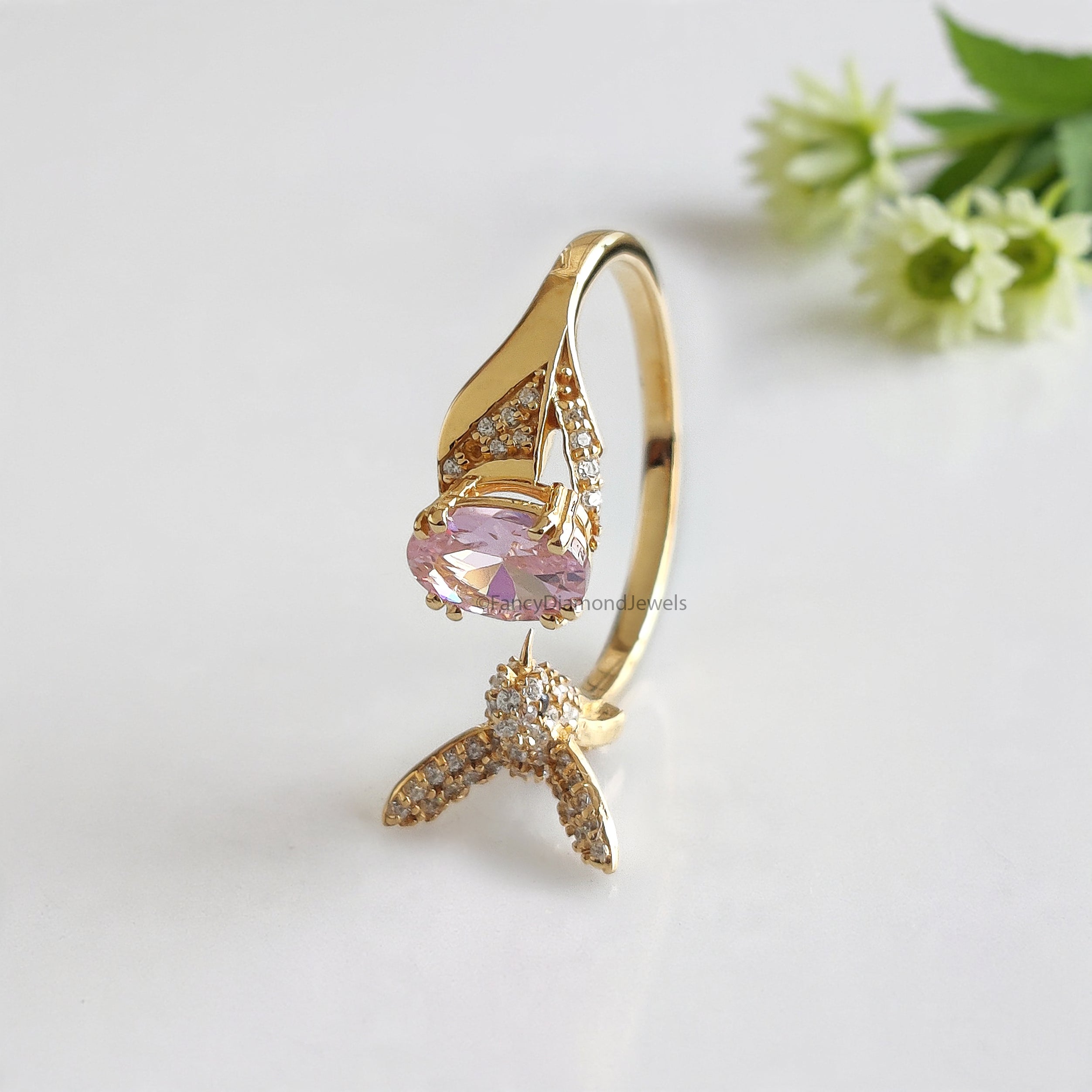 Oval Diamond Bird Ring Simulated Diamond Engagement Ring Yellow Plated Ring Anniversary Ring Simulant Pink Oval ring Gift For Her FD532