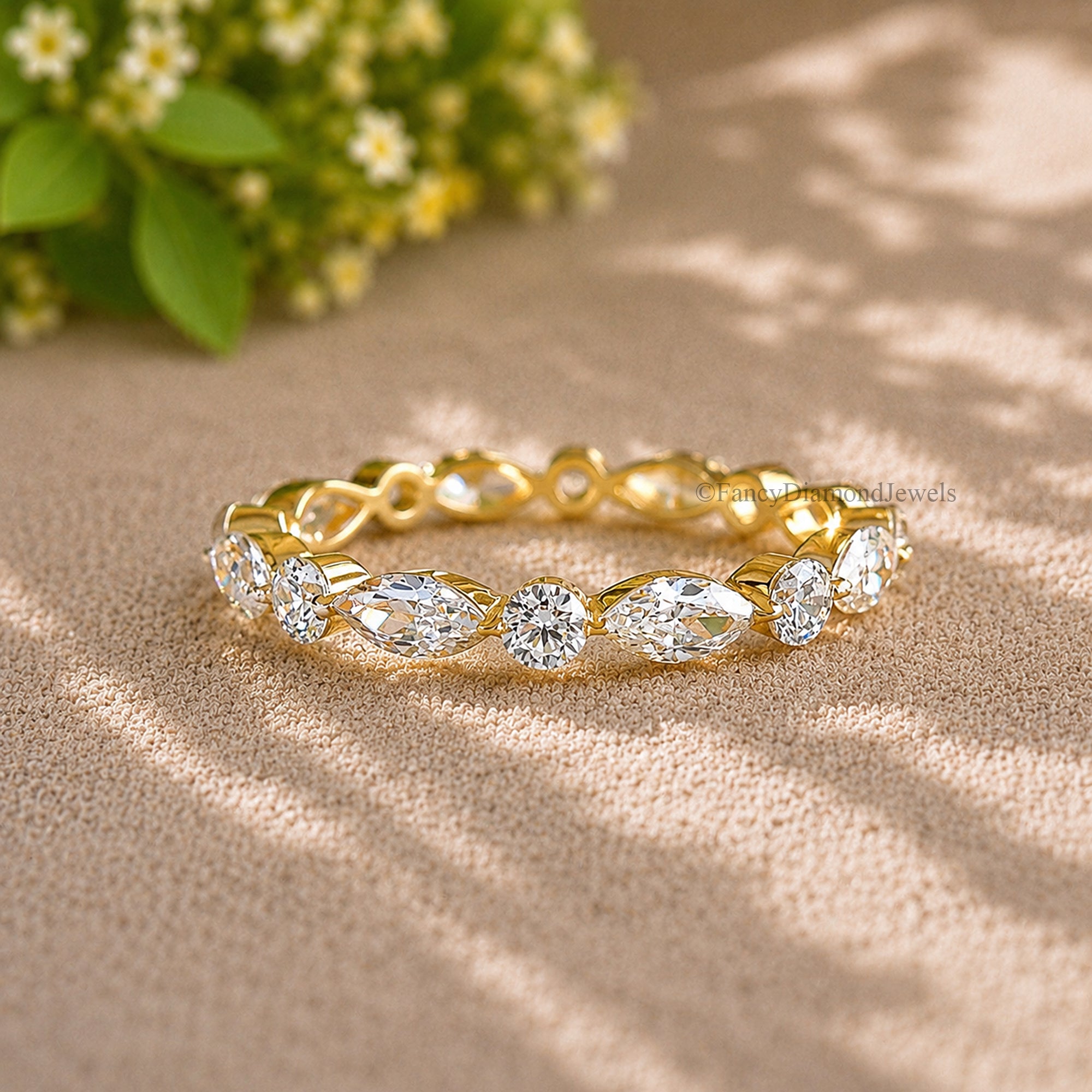 14K Moissanite Diamond Wedding Band, Alternating Marquise and Round Cut Dainty Stackable Eternity Ring, Bridal Anniversary Gifts FD586