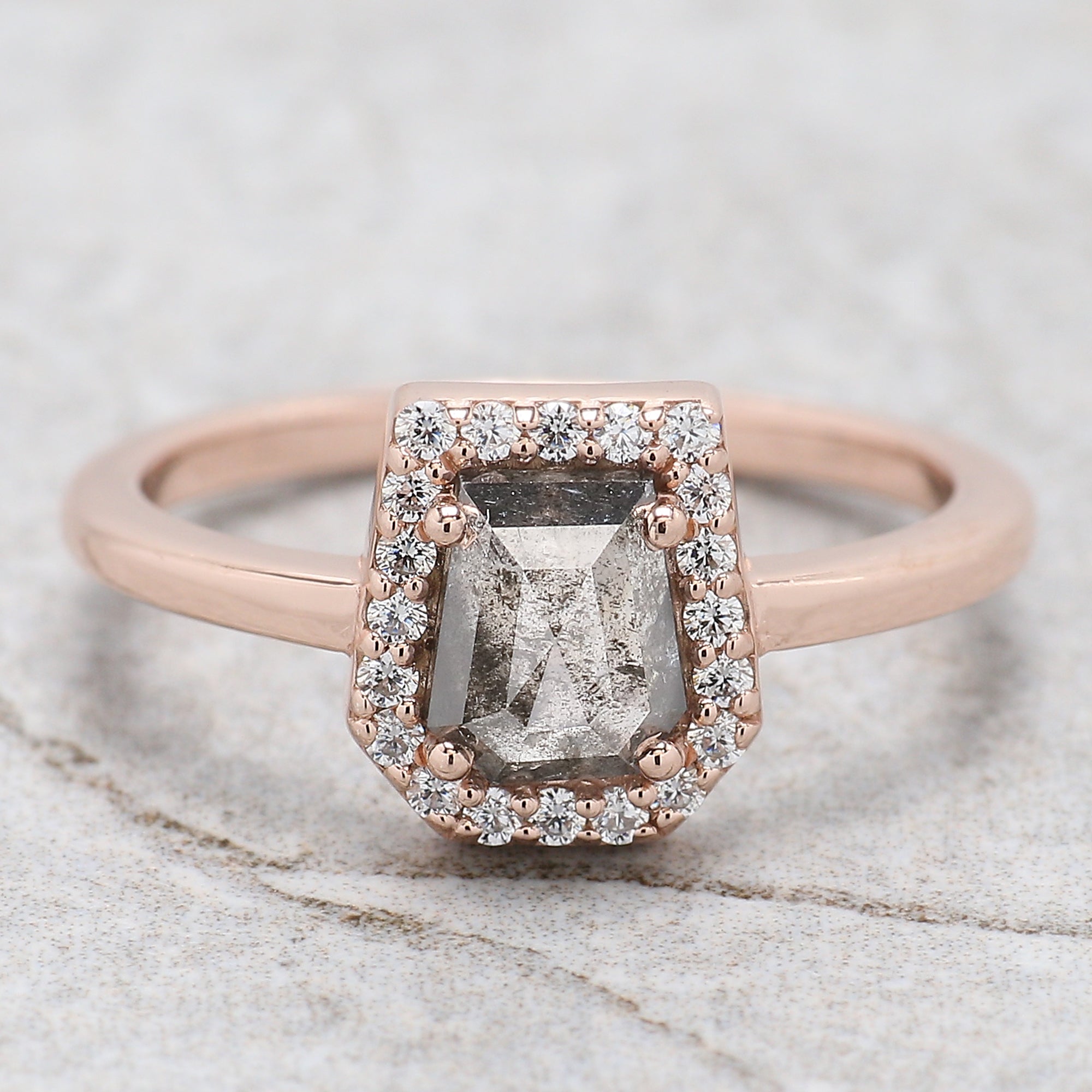 Coffin Cut Salt And Pepper Diamond Ring 0.96 Ct 6.25 MM Coffin Diamond Ring 14K Solid Rose Gold Silver Engagement Ring Gift For Her QN1097