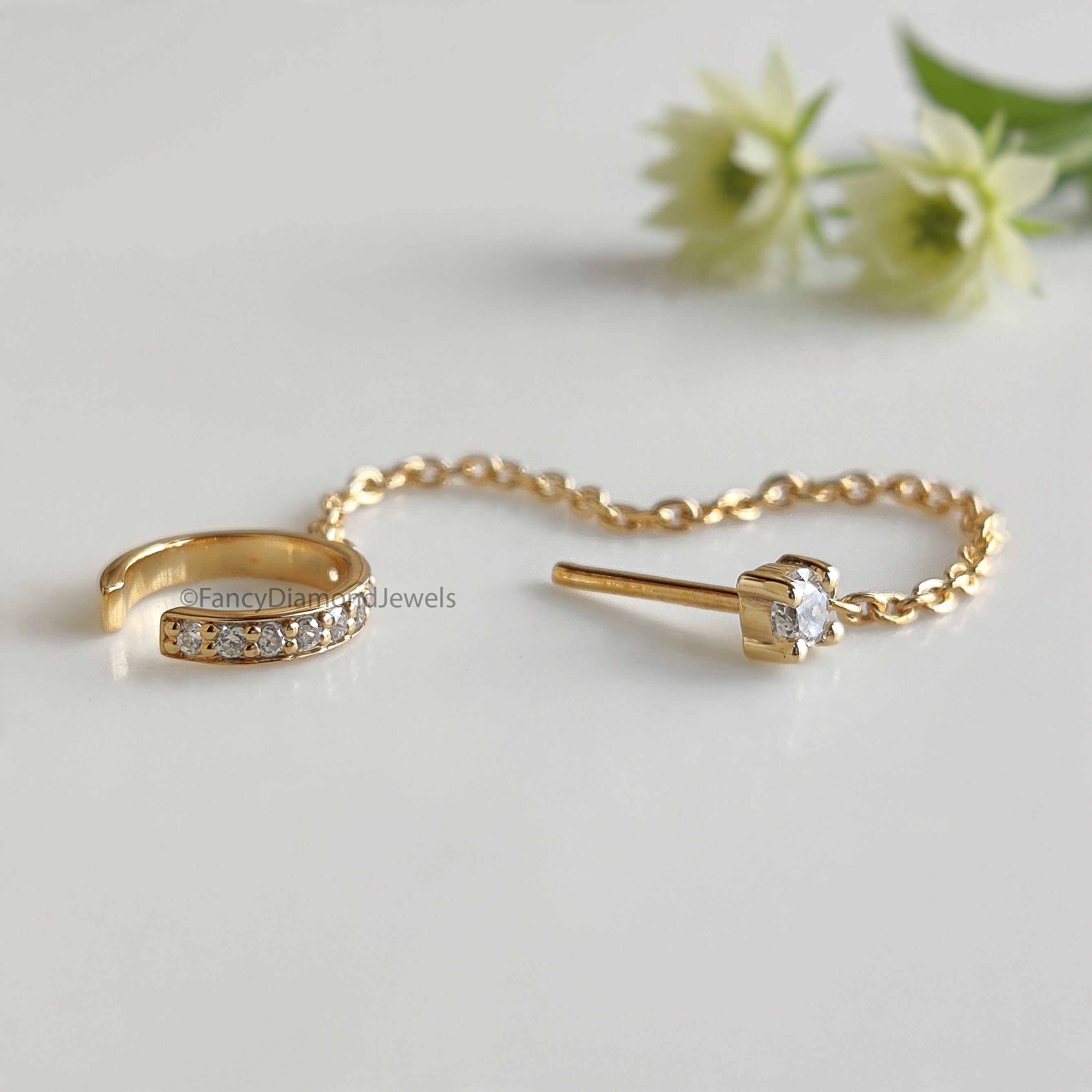 Minimalist Pave Ear Cuff Chain Earrings Round Diamond Stud Dangle Earrings in Gold and Sterling Silver Trendy Ear Cuff Chain Earrings FD533