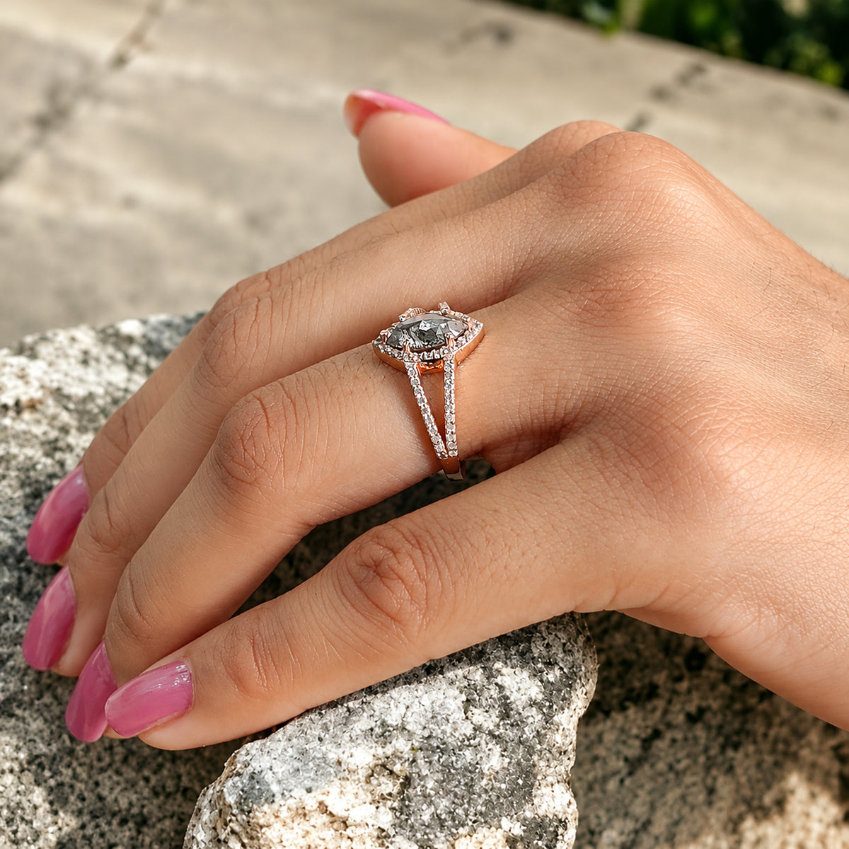 Marquise Salt and Pepper Diamond Engagement Ring, 14K Rose Gold Ring, Unique Geometric Diamond Ring, Minimalist Fine Jewelry Gift KDL3686
