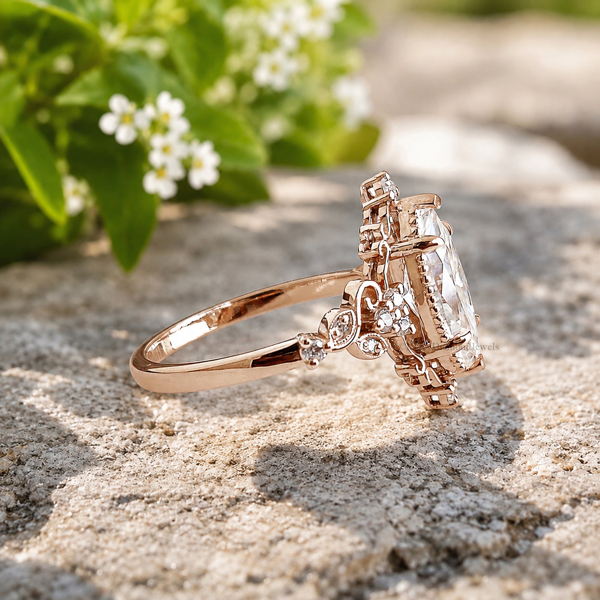 Floral Marquise Cut Moissanite Elegant Ring Nature Inspire Art Deco Engagement Ring in 14K Solid Yellow Gold Ring Unique Bridal Gift FD583
