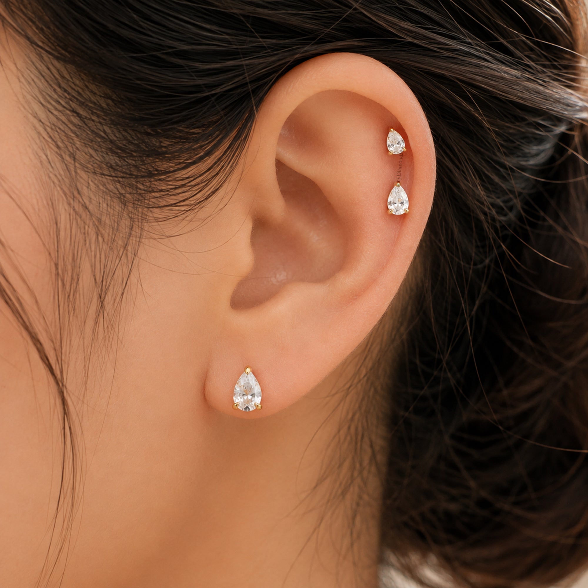 14K Gold Pear Cut Moissanite Diamond Threadless Flat Back Earring Tiny Diamond Helix Conch Stud Minimalist Single Earring Gift For Her FD594