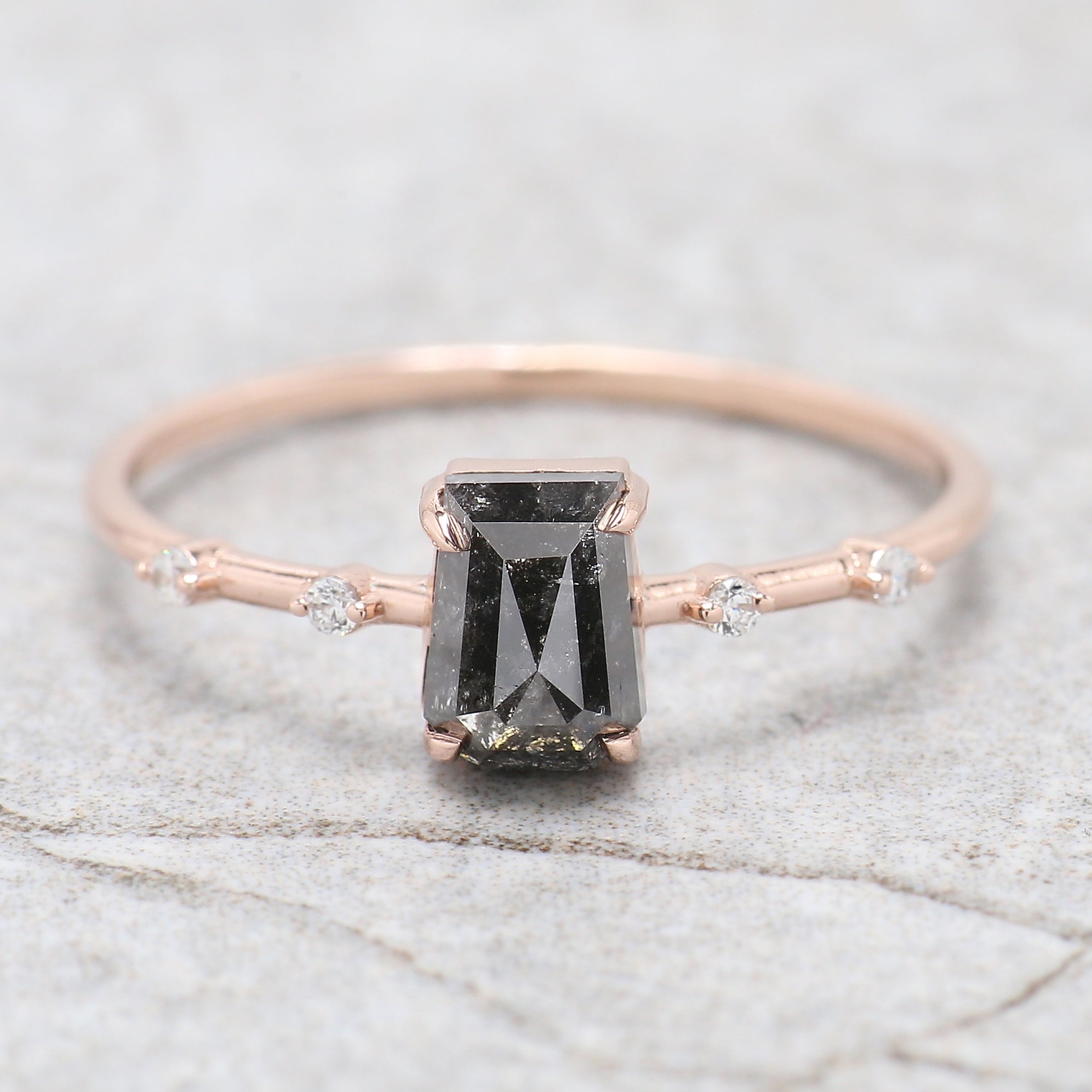 Coffin Cut Salt And Pepper Diamond Ring 0.87 Ct 6.00 MM Coffin Diamond Ring 14K Solid Rose Gold Silver Engagement Ring Gift For Her QN8841