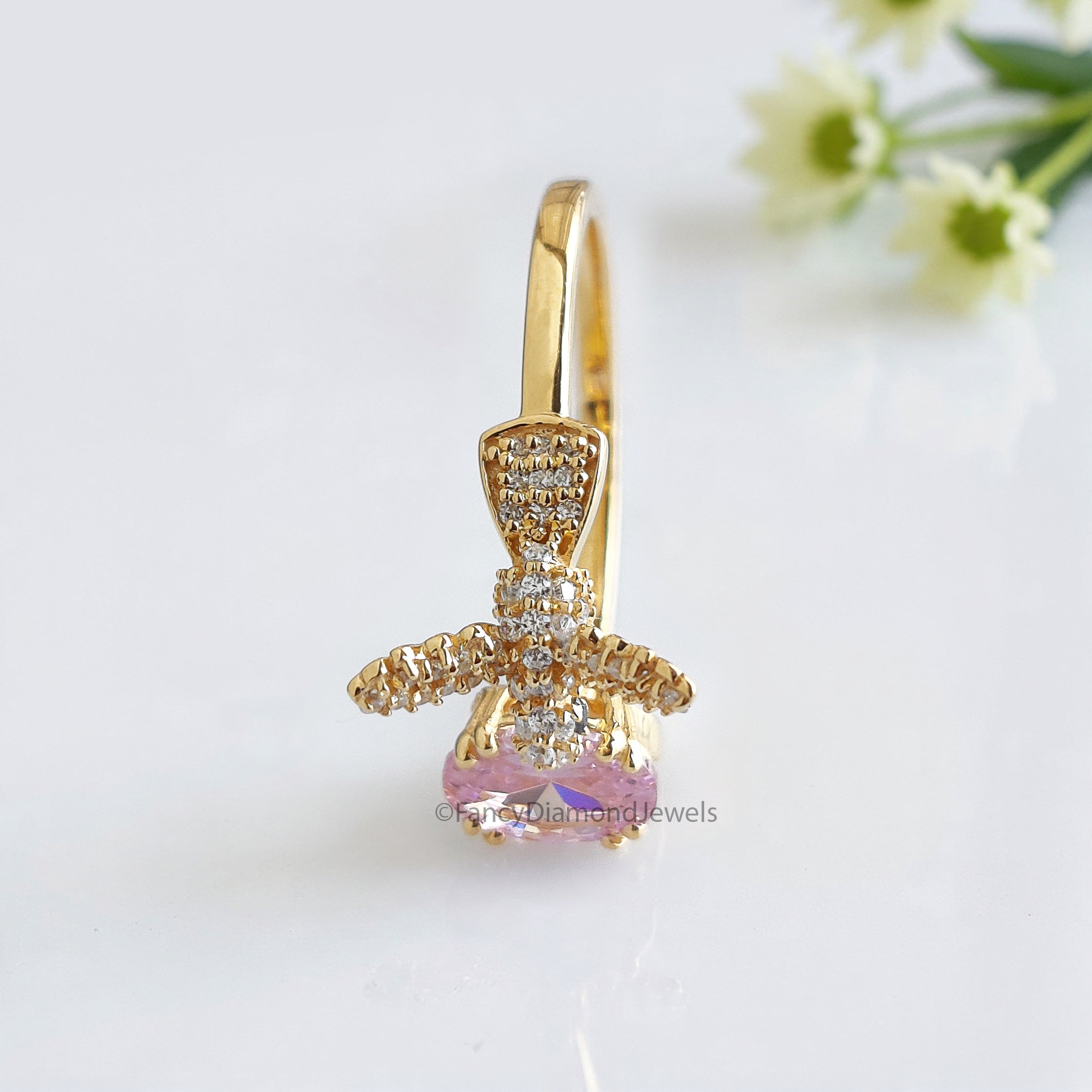 Oval Diamond Bird Ring Simulated Diamond Engagement Ring Yellow Plated Ring Anniversary Ring Simulant Pink Oval ring Gift For Her FD532