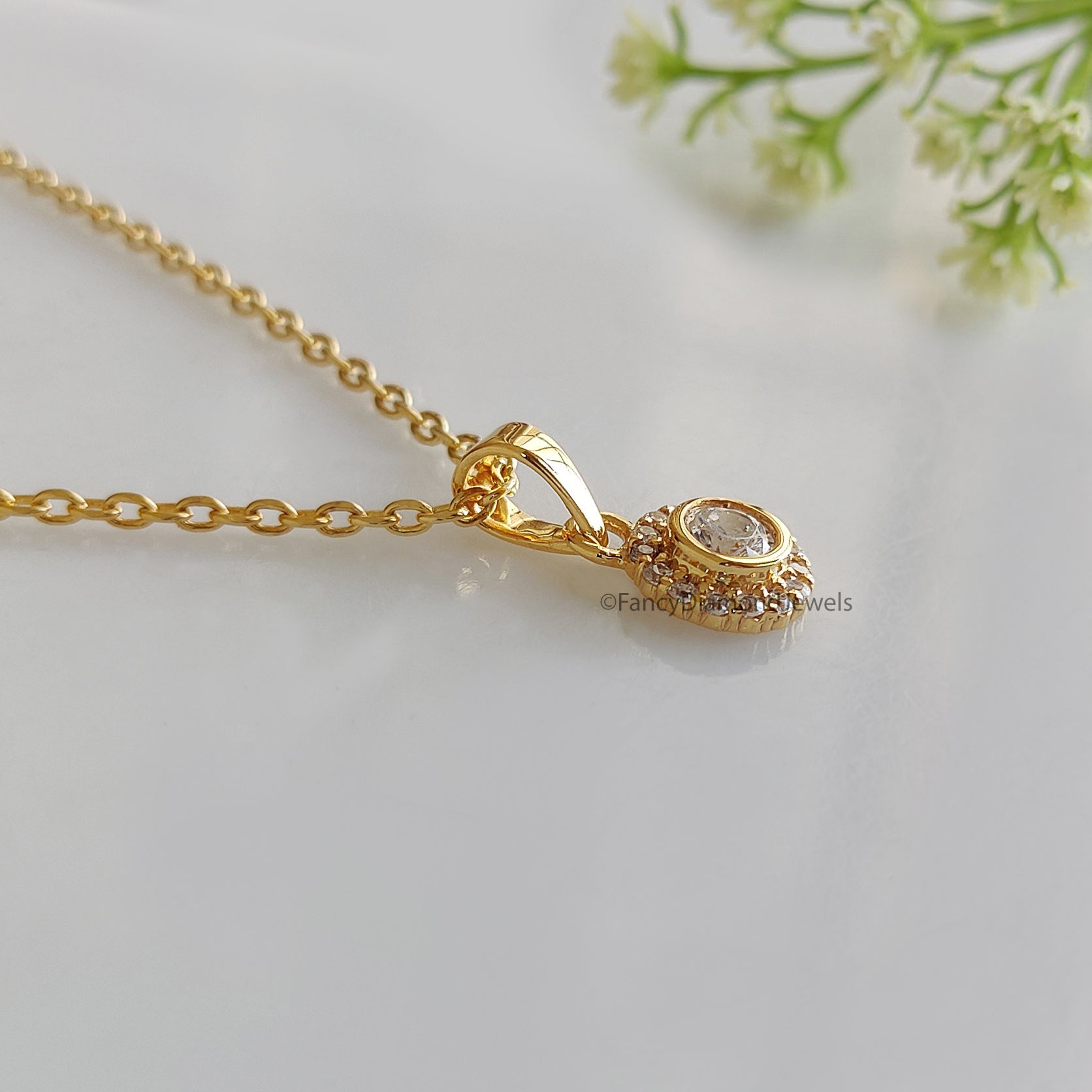 Round Brilliant Cut Moissanite Diamond Pendant, Unique Diamond Pendant, Halo With Bezel Setting Pendant, Dangling Diamond Pendant KD1004