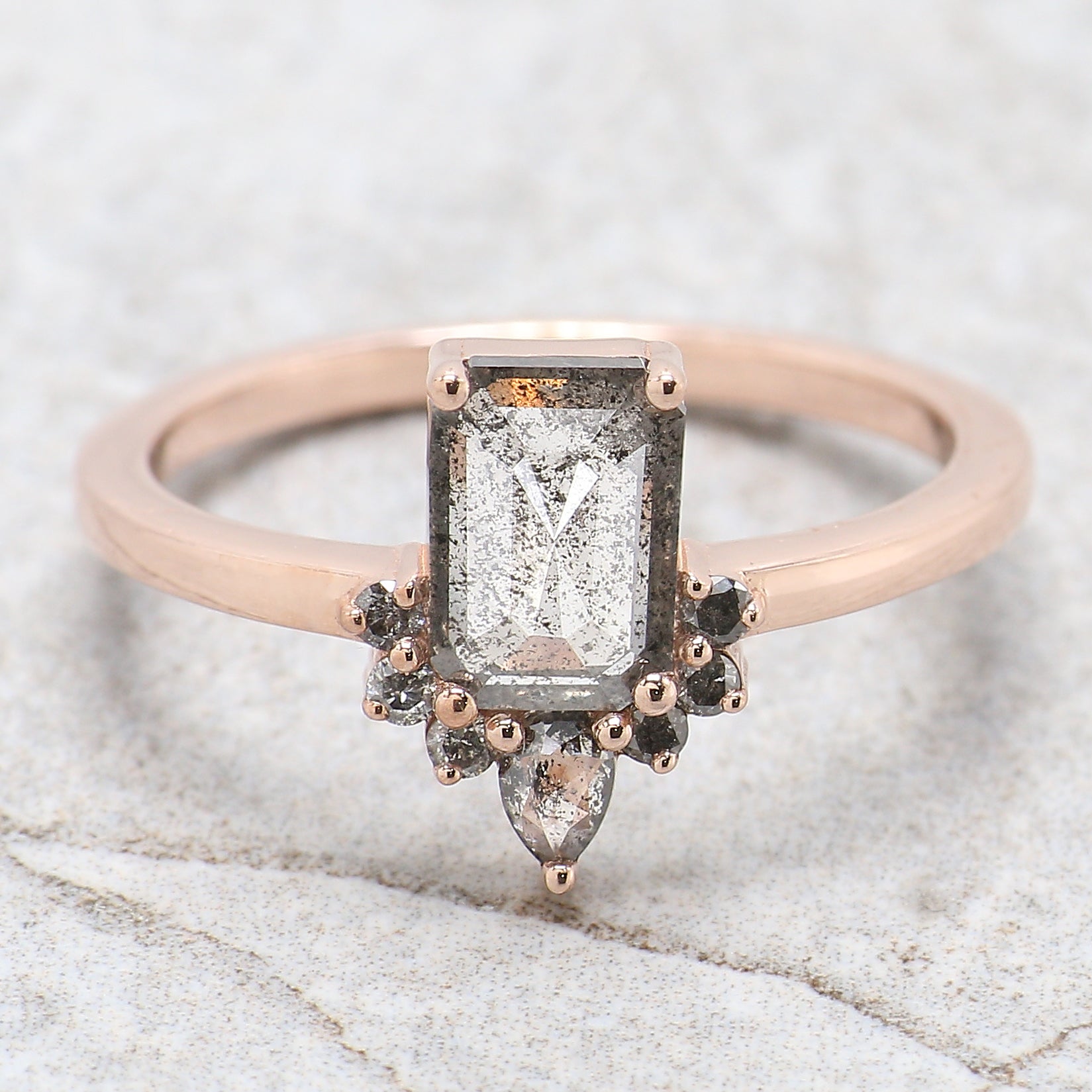Emerald Cut Salt And Pepper Diamond Ring 0.92 Ct 7.30 MM Emerald Diamond Ring 14K Solid Rose Gold Silver Engagement Ring Gift For Her QL8200
