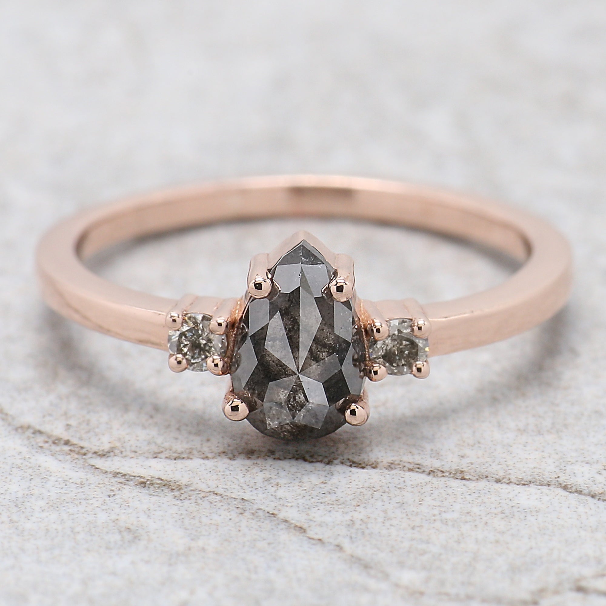 0.82 Ct Natural Pear Cut Salt And Pepper Diamond Ring 7.30 MM Pear Diamond Ring 14K Solid Rose Gold Silver Engagement Ring Pear Ring QL9907