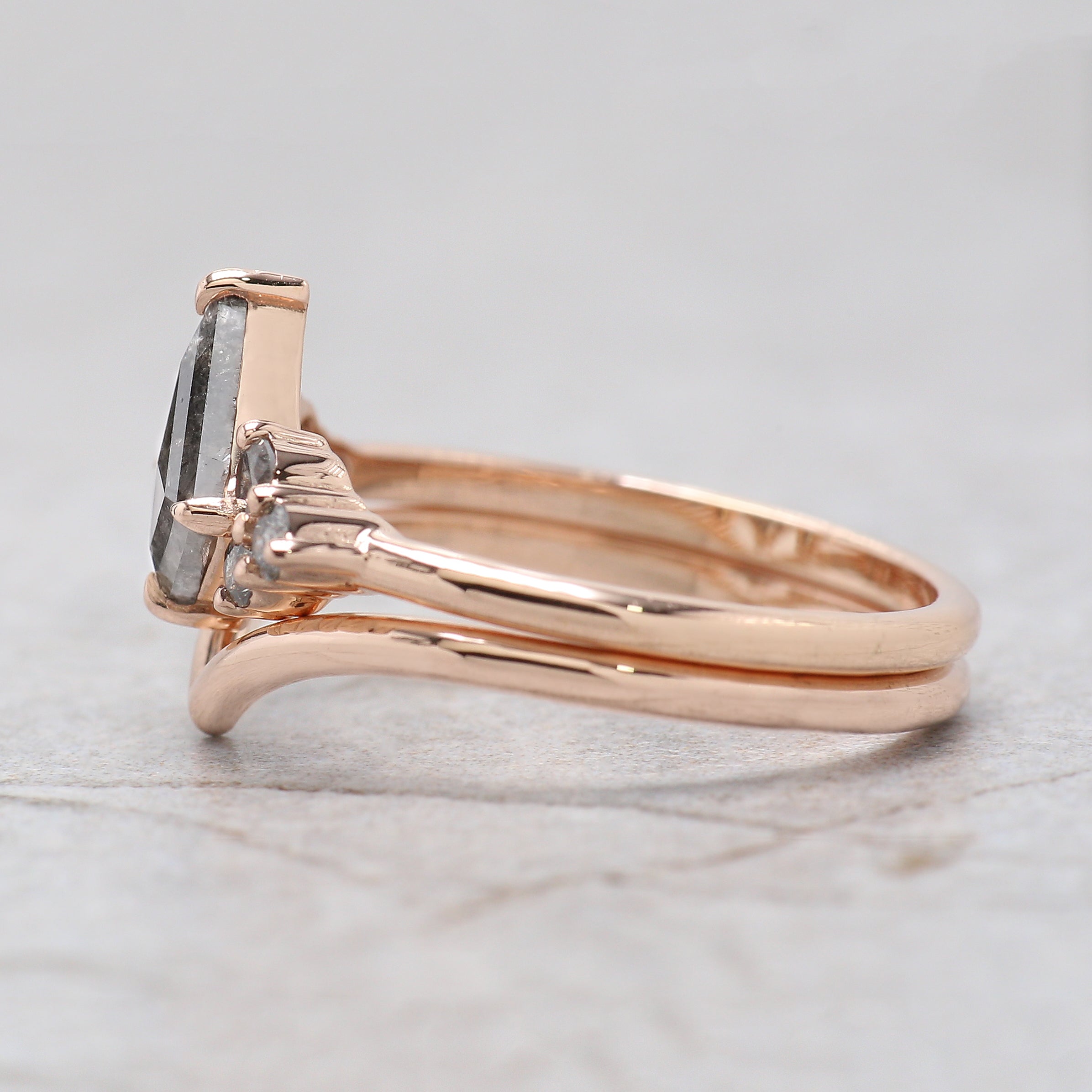 Kite Cut Salt And Pepper Diamond Ring 0.53 CT 8.15 MM Kite Diamond Wedding Ring Set RoseGold Silver Engagement Ring Gift For Her KDL3392