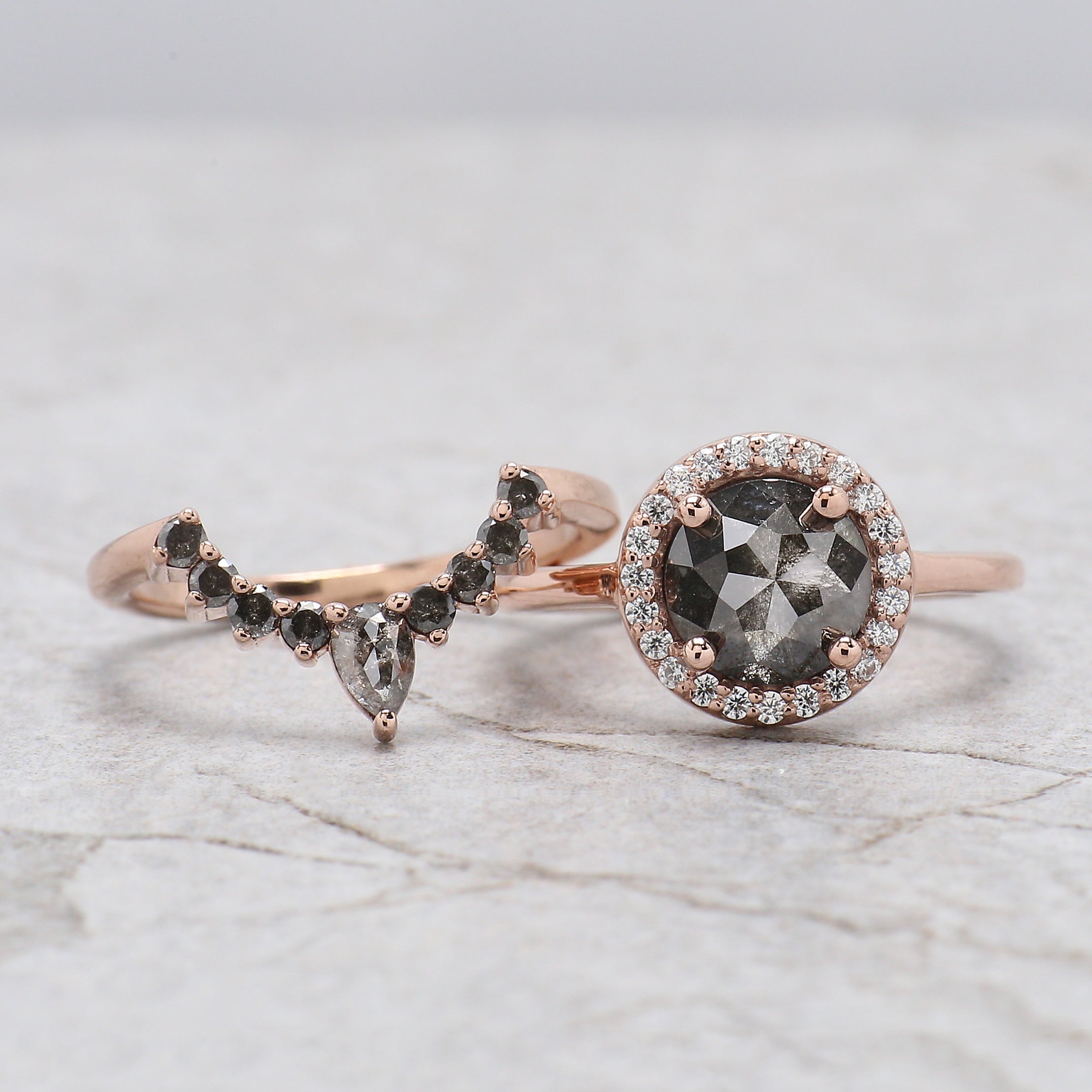 Round Rose Cut Salt And Pepper Diamond Ring 1.86 Ct 7.50 MM Round Diamond Ring 14K Rose Gold Silver Engagement Ring Gift For Her QL1303
