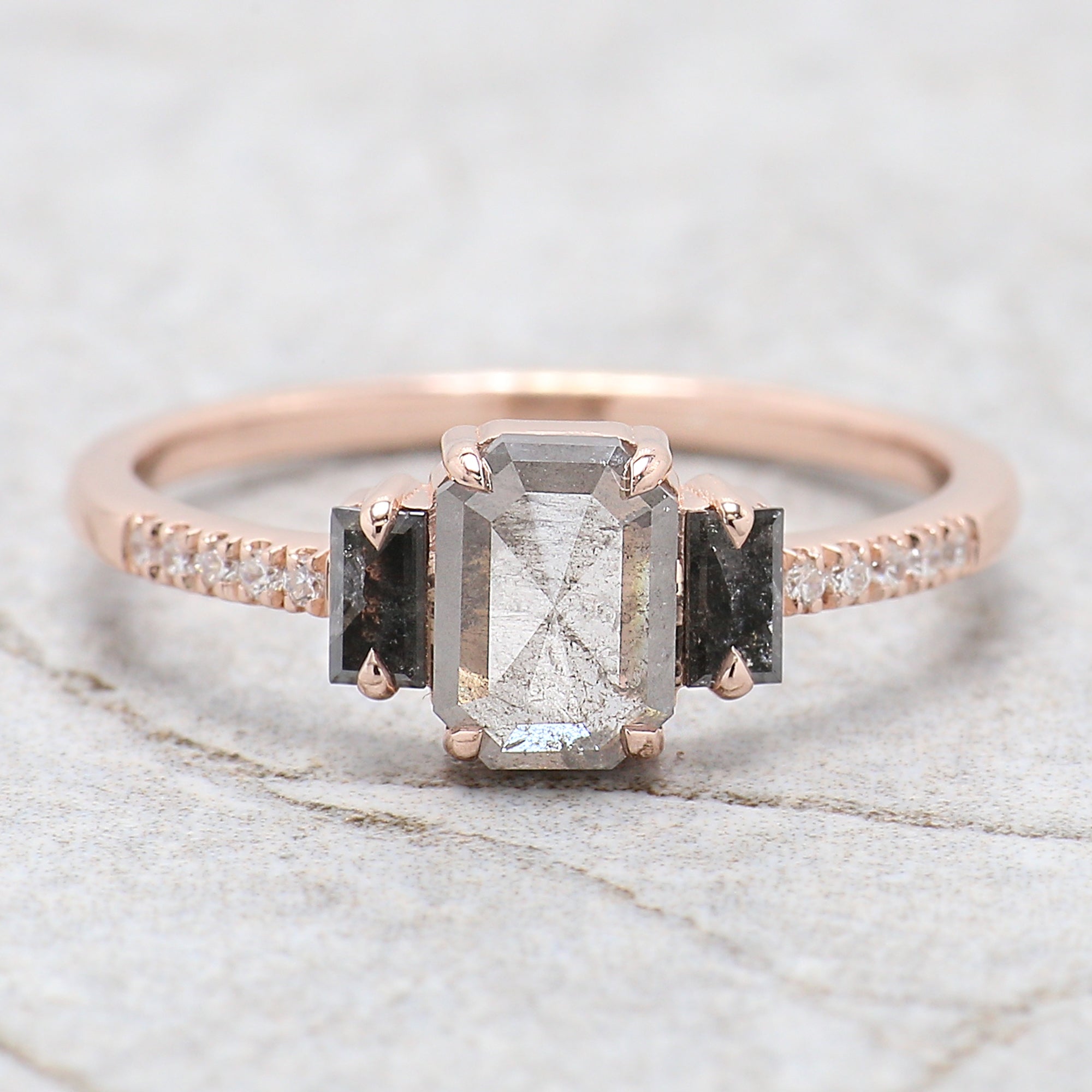 0.90 Ct Natural Emerald Shape Grey Color Diamond Ring 6.95 MM Emerald Cut Diamond Ring 14K Solid Rose Gold Silver Engagement Ring QN796