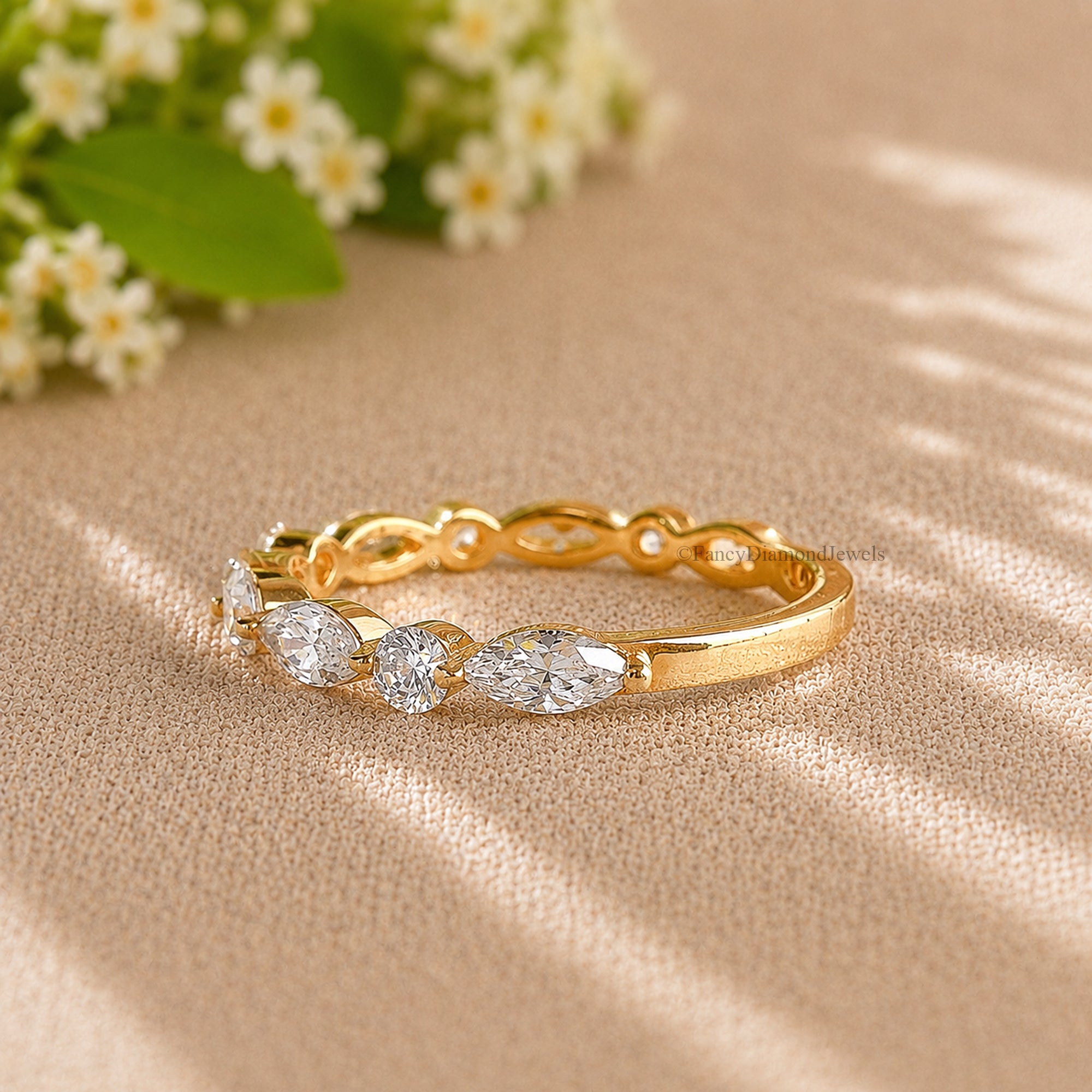 Marquise And Round Diamond Half Eternity Band Dainty Gold Stacking Ring Wedding Anniversary Gift for Her Minimalist Fine Jewelry FD587