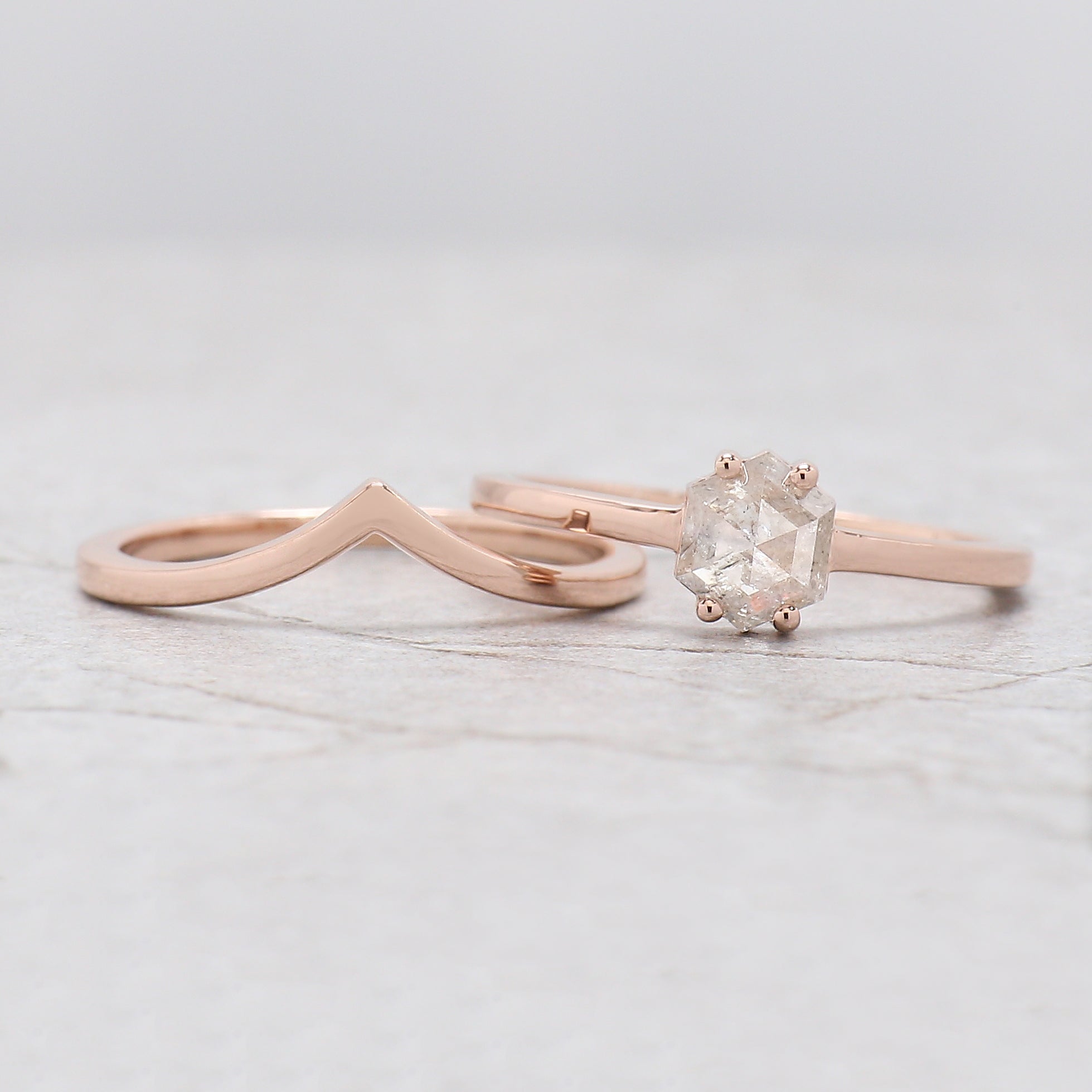 Hexagon Cut Salt And Pepper Diamond Ring 0.78 Ct 6.15 MM Hexagon Diamond Ring 14K Solid Rose Gold Silver Engagement Ring Gift For Her QN2183