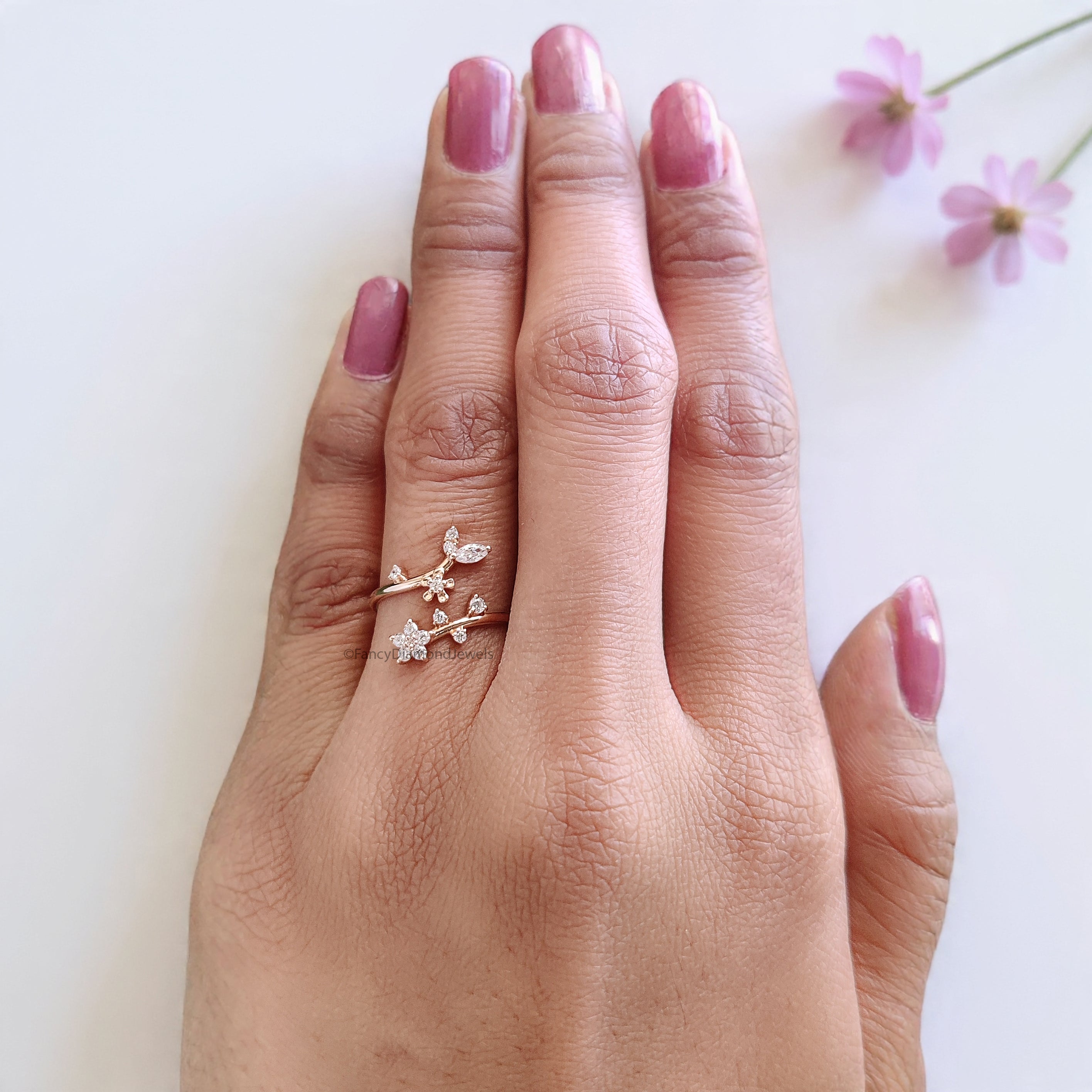 Marquise / Round Cut Wedding Ring Rose Gold Unique Anniversary Ring Spring Flower Ring Adjustable Delicate Personalized Gift For Her FD536